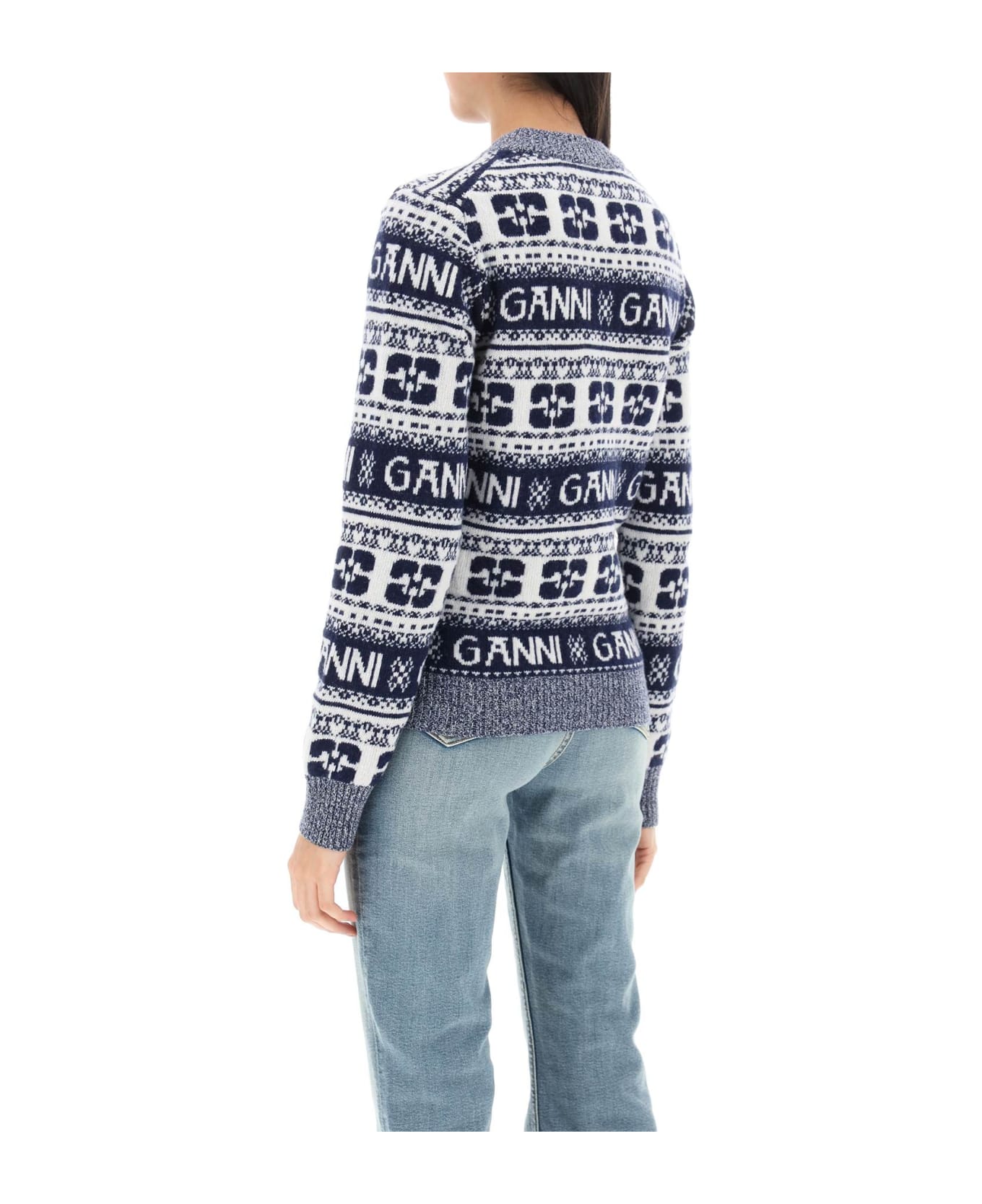 Ganni Jacquard Wool Sweater With Logo Pattern - SKY CAPTAIN (White)