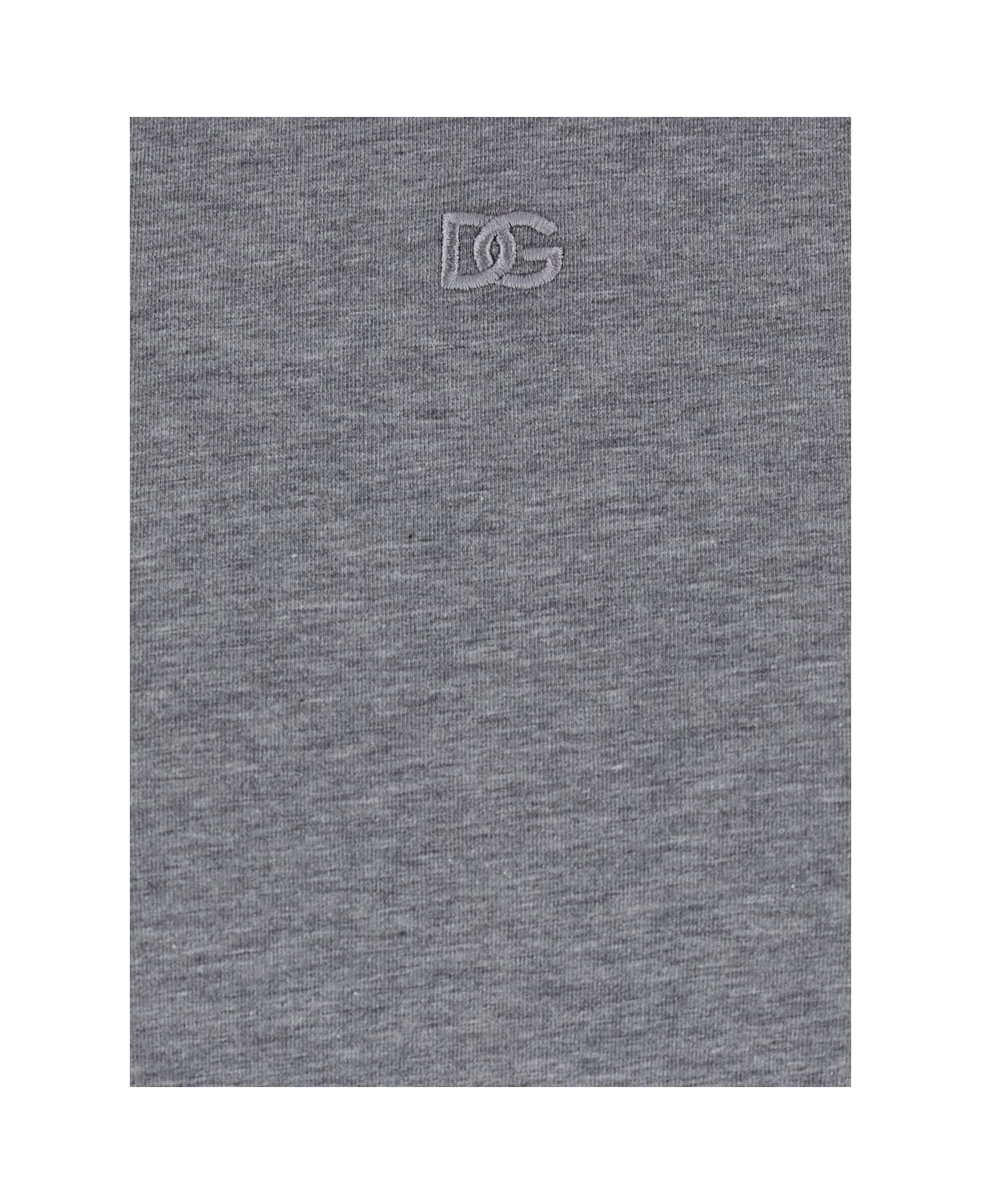 Dolce 
Gabbana Grey Crewneck T-shirt With Tonal Logo Lettering Embroidery On The Front In Cotton Stretch Man - Grey