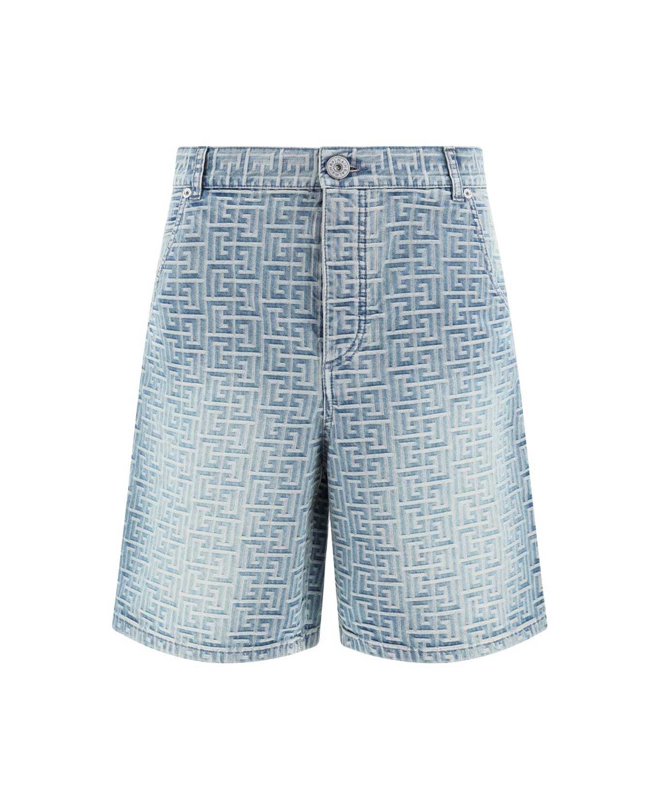 Balmain Blue Denim Straight Shorts With Monogram - Bleu Jean ショートパンツ