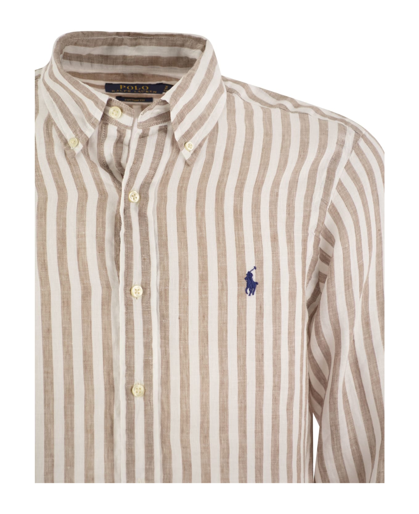 Polo Ralph Lauren Linen Shirt With Striped Pattern And Logo - Kaki/white シャツ