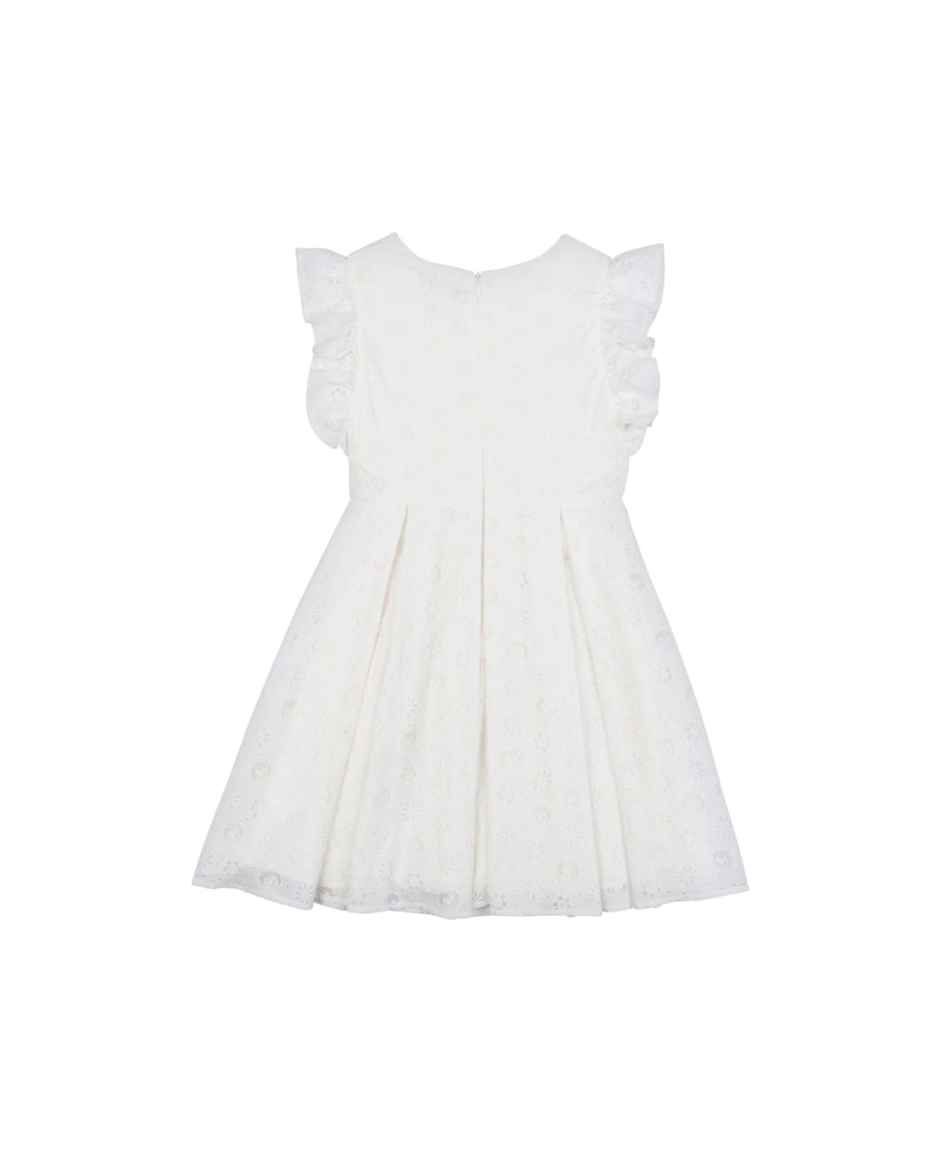 Moschino White Dress With Ruched Sleeves And Logo Plaque On The Front In Viscose Blend Girl - White
