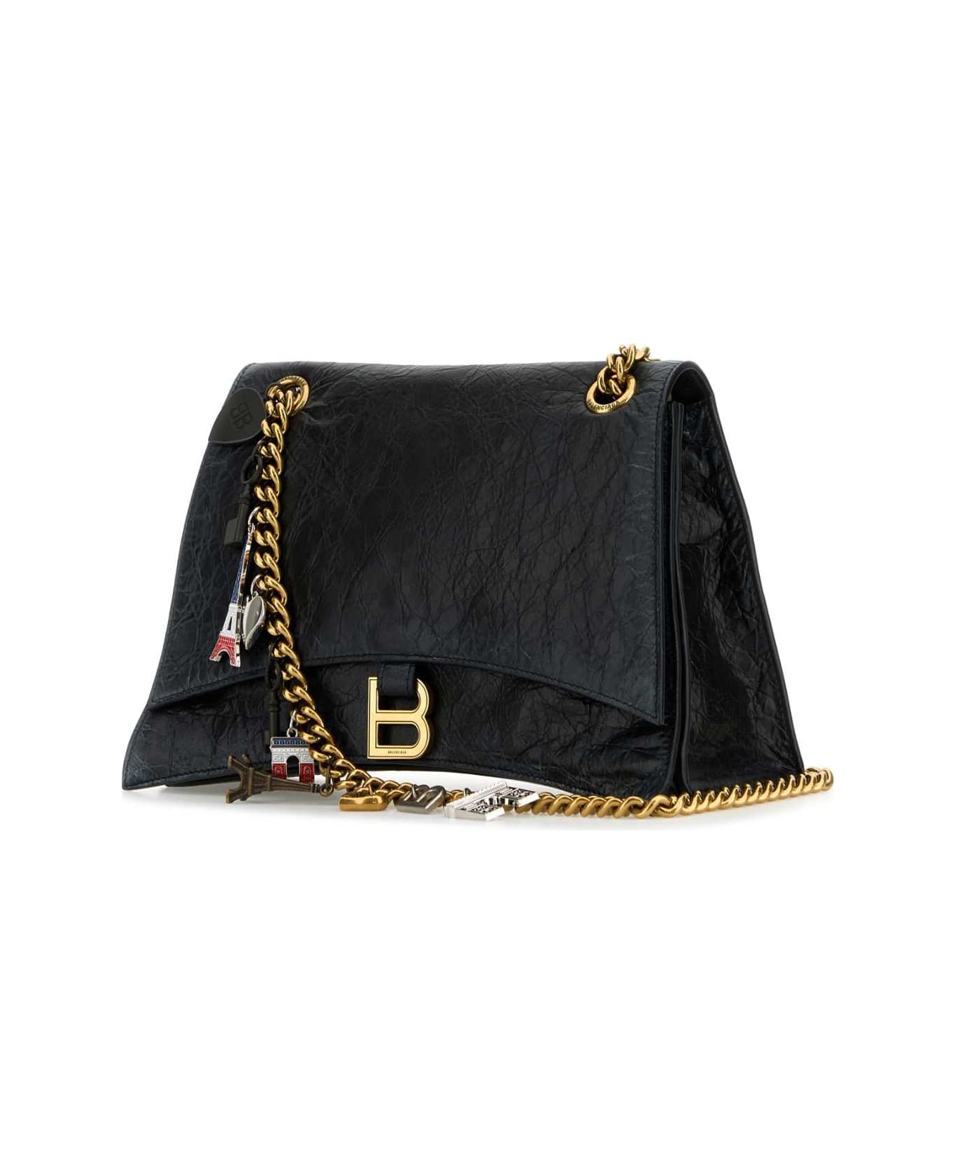 Balenciaga Black Leather Medium Crush Chain Shoulder Bag - Black