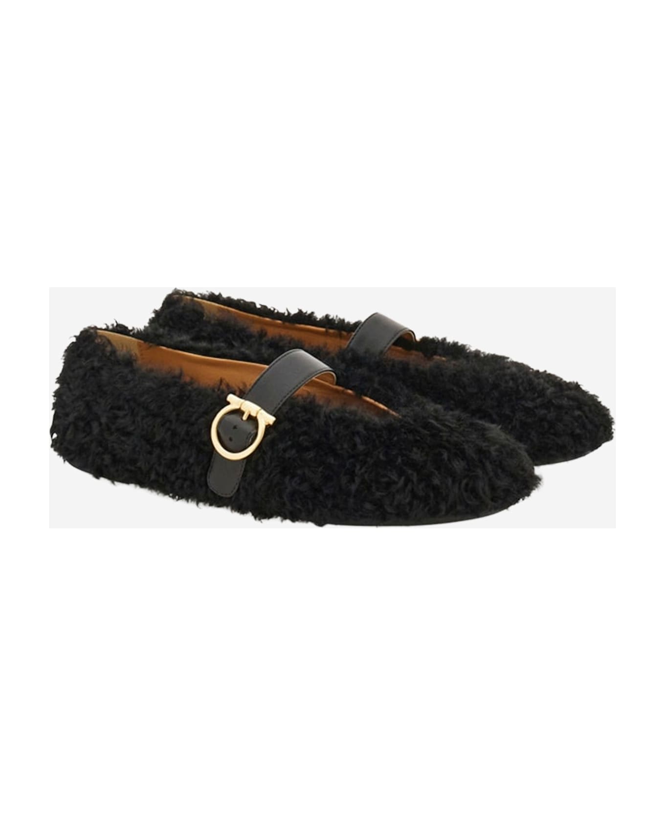 Ferragamo Gancini Ornamental Ballet Flats In Shearling - Black
