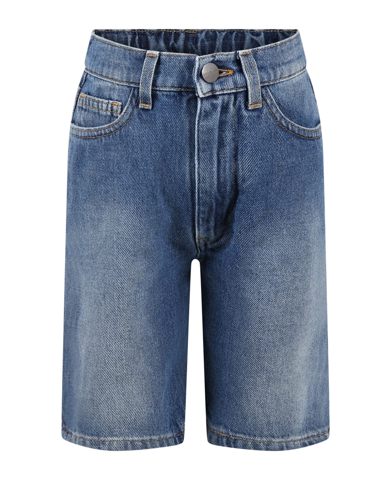 Palm Angels Blue Shorts For Boy With Multicolor Logo - Denim ボトムス