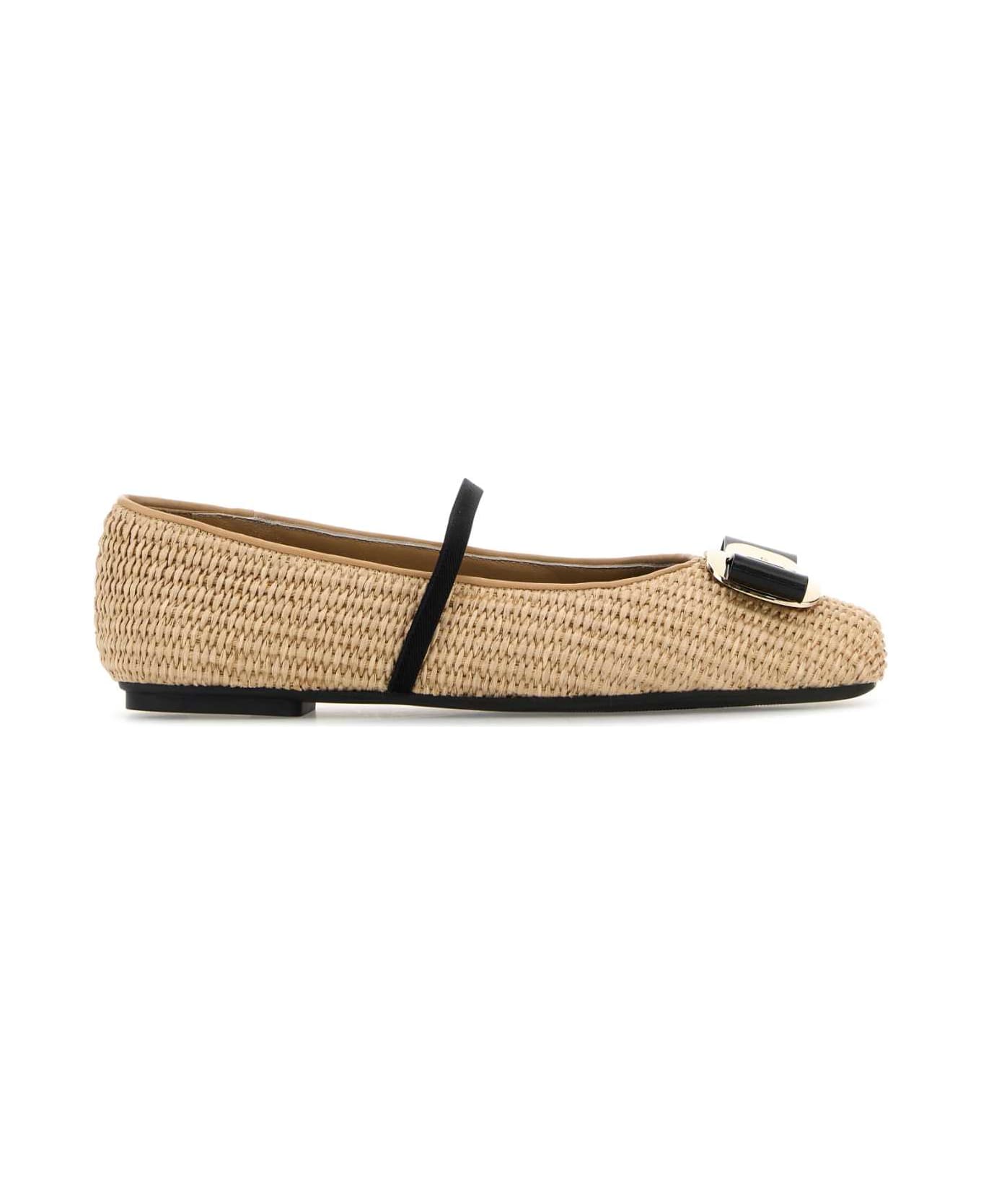 Ferragamo Raffia Zina Ballerinas - NATURALE597NEROLIGHTCAMEL