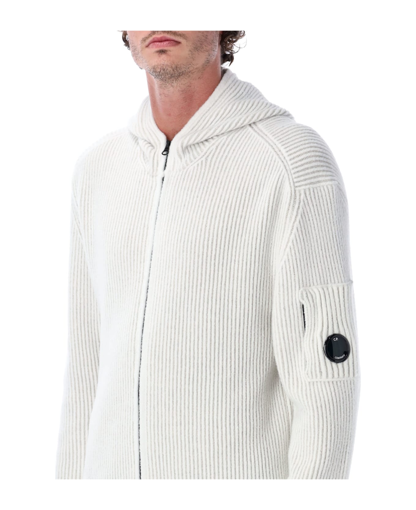 C.P. Company White Ribbed Knit Hooded Cardigan - WHITE MELANGE