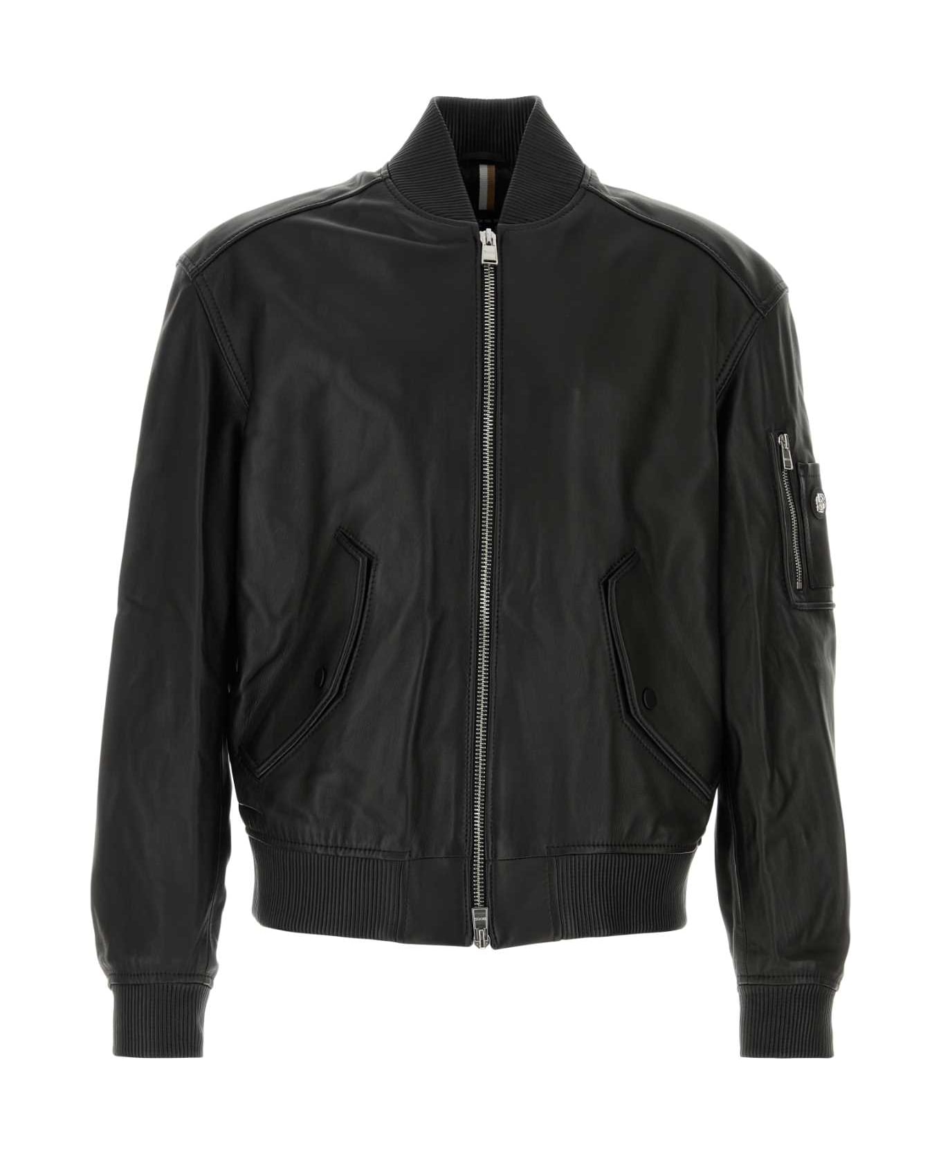 Hugo Boss Black Leather Maidoc Bomber Jacket - BLACK