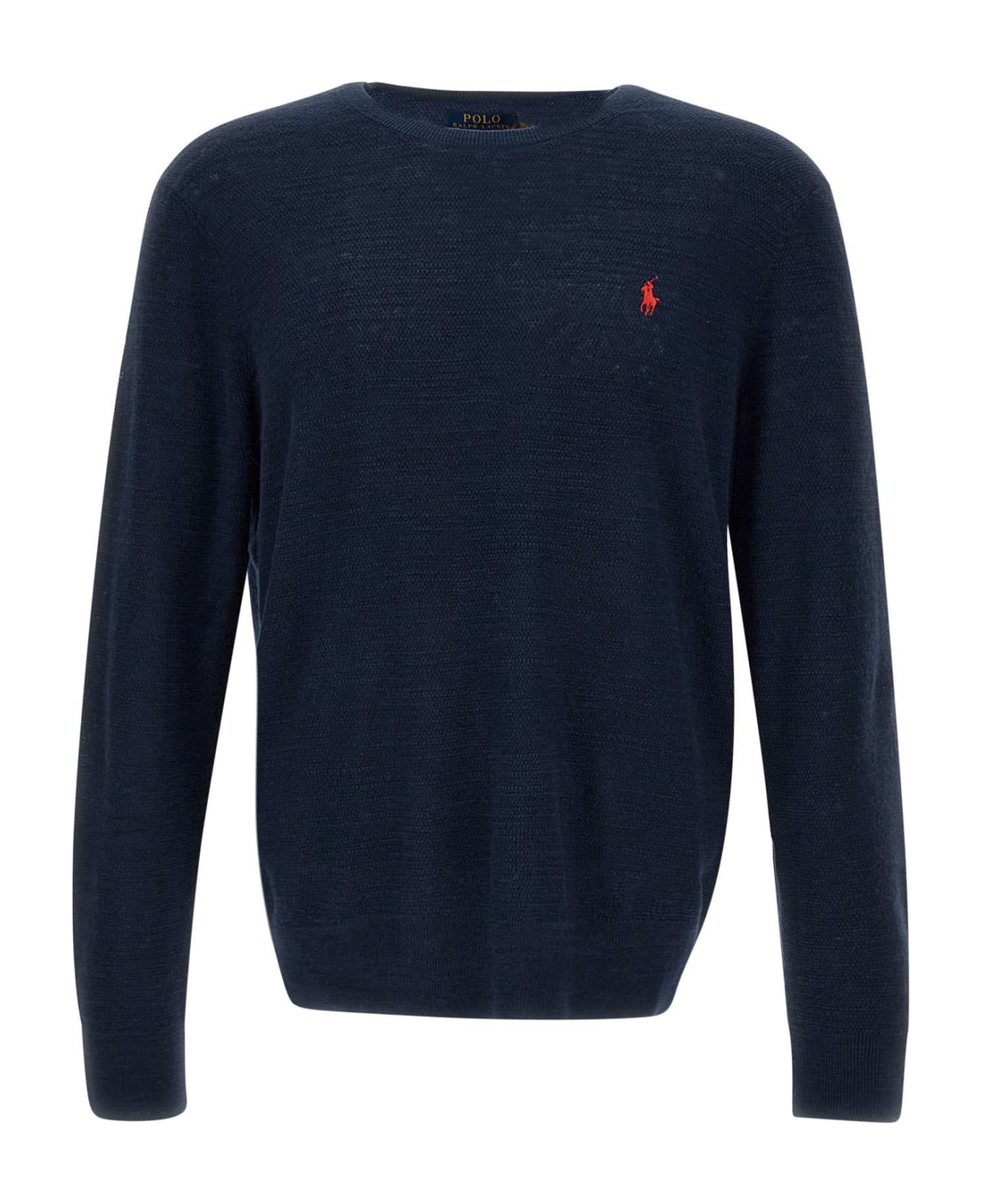 Polo Ralph Lauren 'classic' Linen And Cotton Pullover Sweater - BRIGHT NAVY W/RED