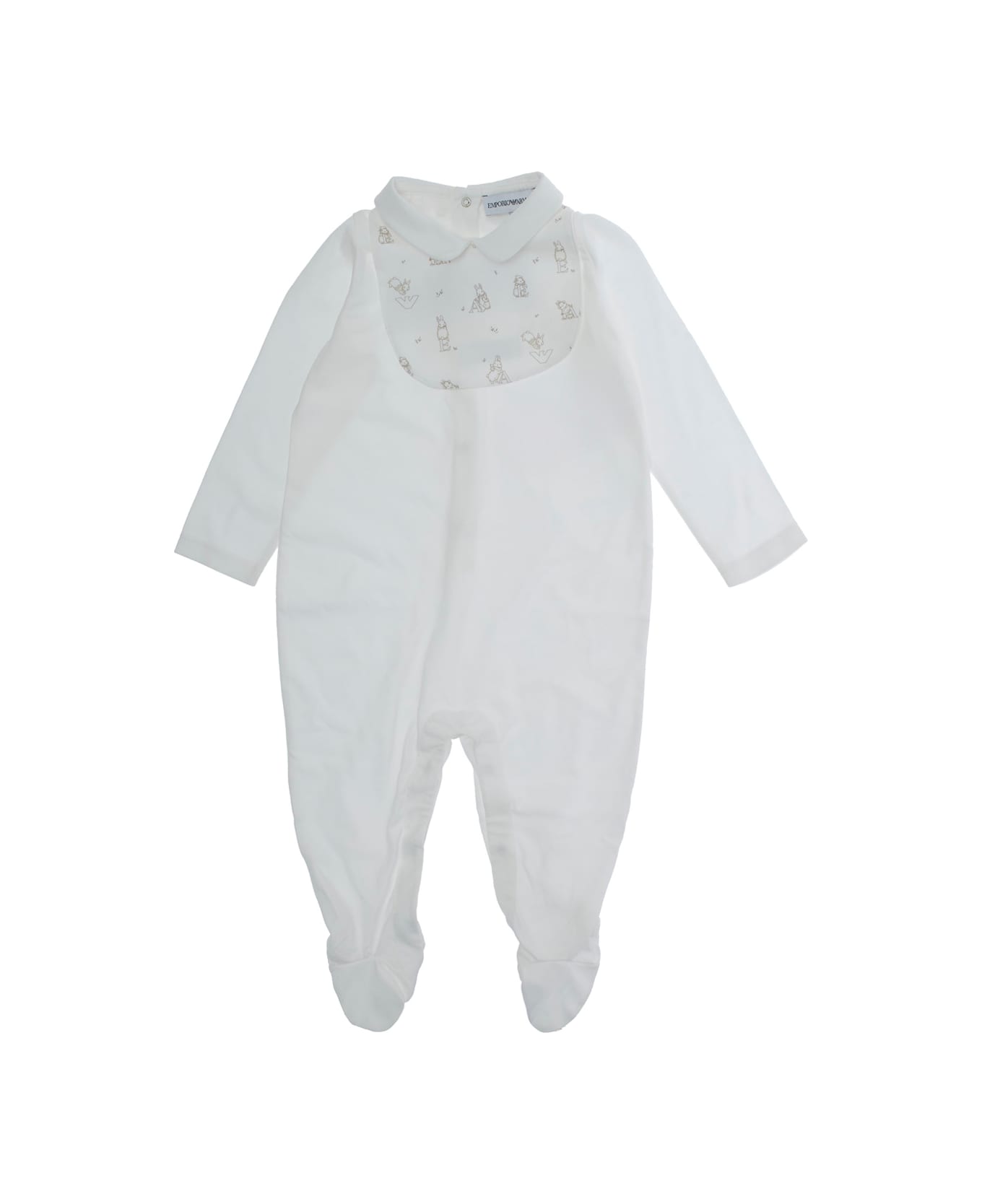 Emporio Armani White Onesie With Peter Pan Collar And Rear Button Closure With Bib In Cotton Baby - White