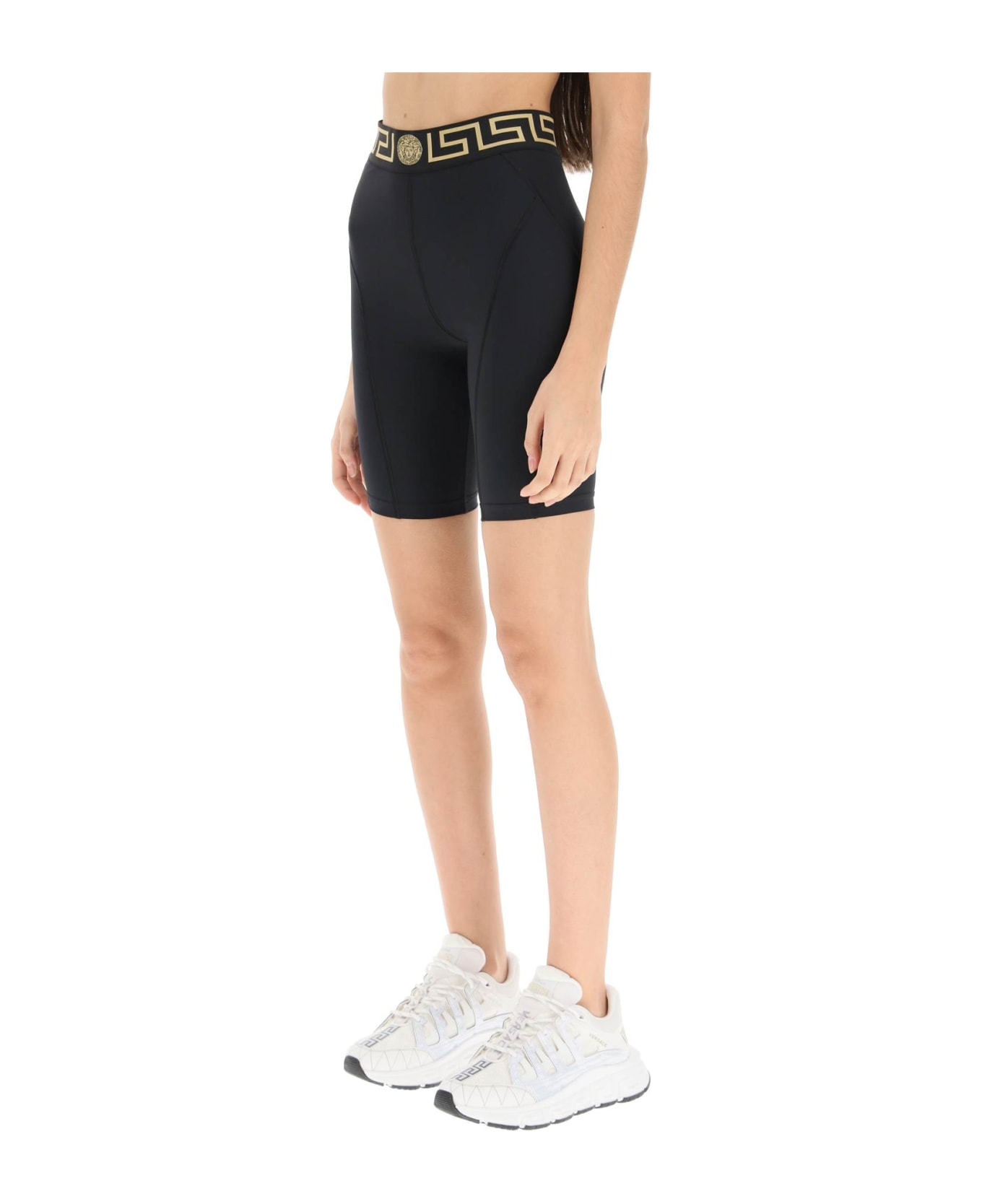 Versace Biker Shorts With Greca Motif - Black