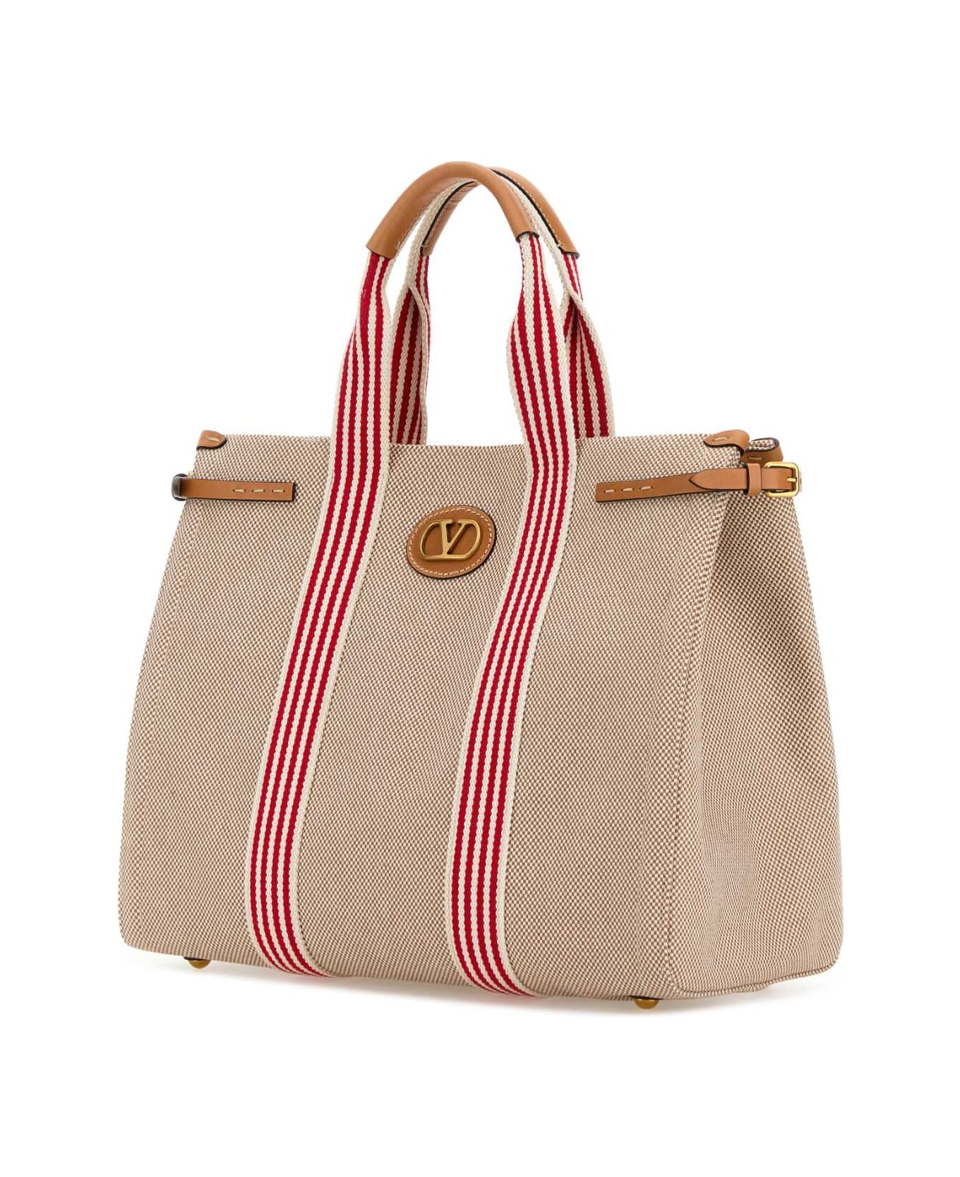 Valentino Garavani Two-tone Canvas Antibes Shopping Bag - NATURALETOBACCOBIANCOROSSONATURALCA