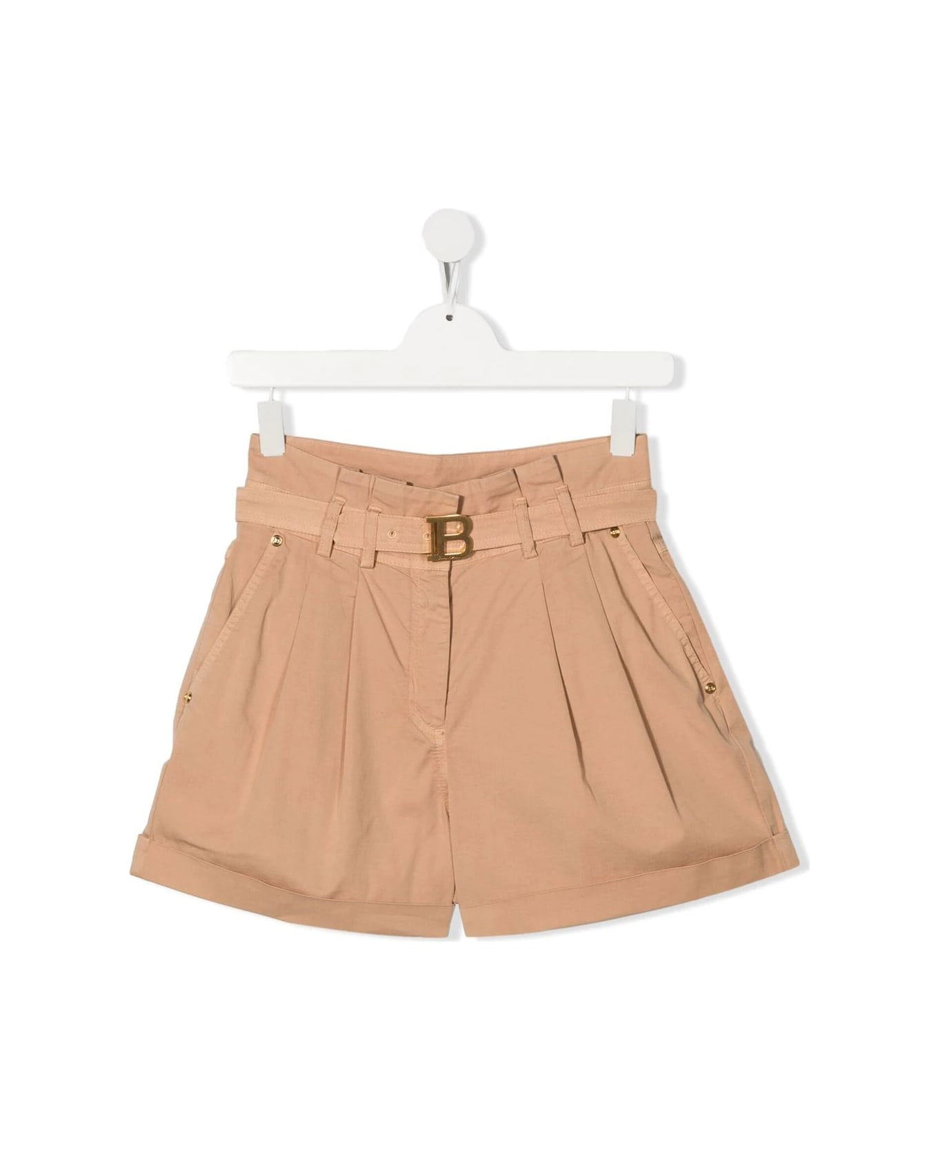 Balmain Kids Beige Cotton Shorts With Pleats And Monogram Belt - Beige
