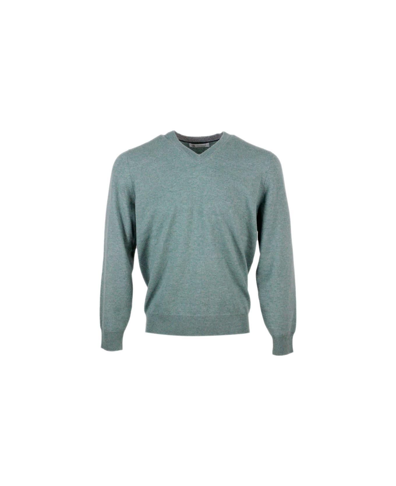 Brunello Cucinelli 100% Cashmere V-neck Sweater With Contrasting Profile - Blu - Grey