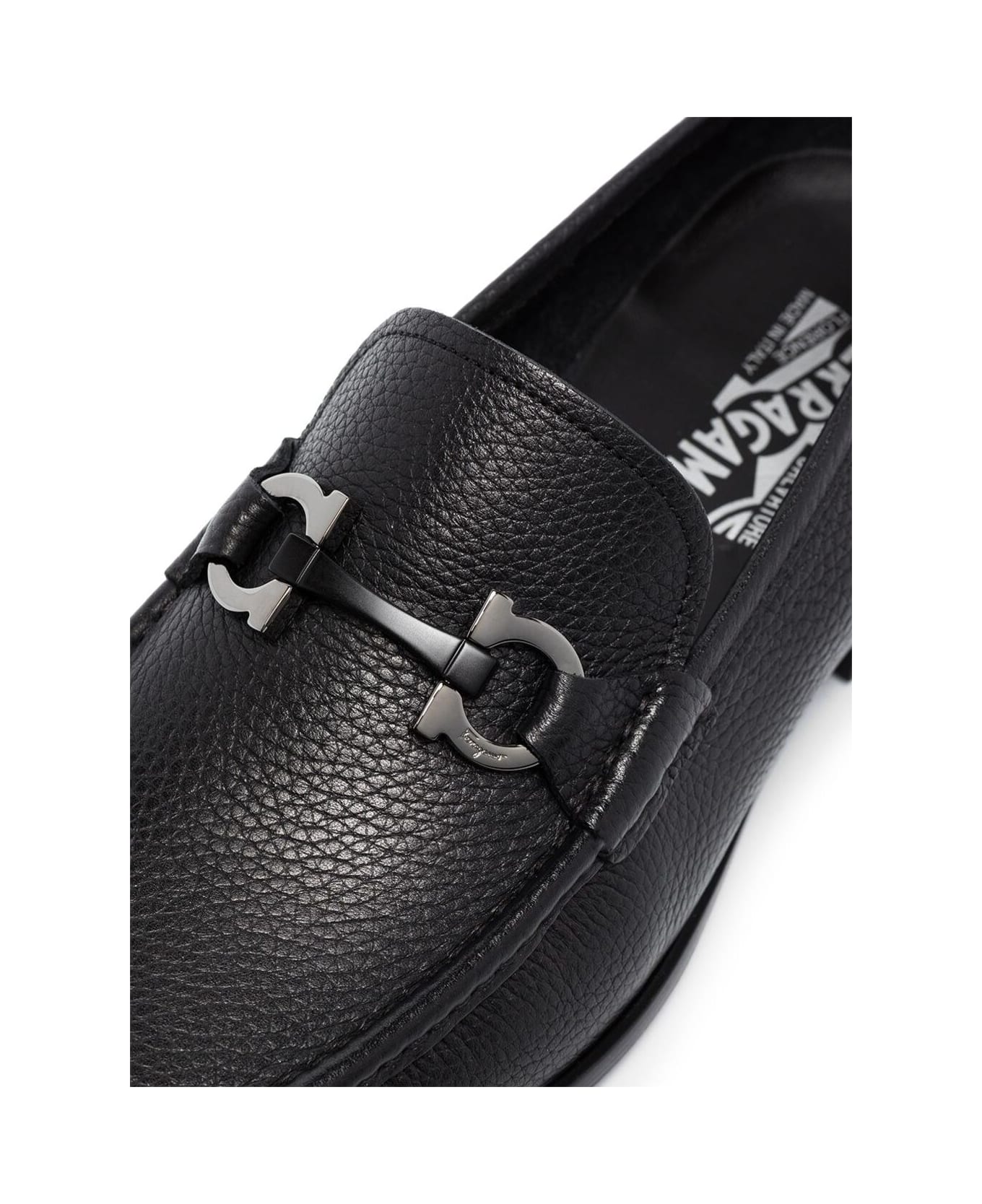 Ferragamo Black Loafers With Tonal Gancini Detail In Hammered Leather Man - Black