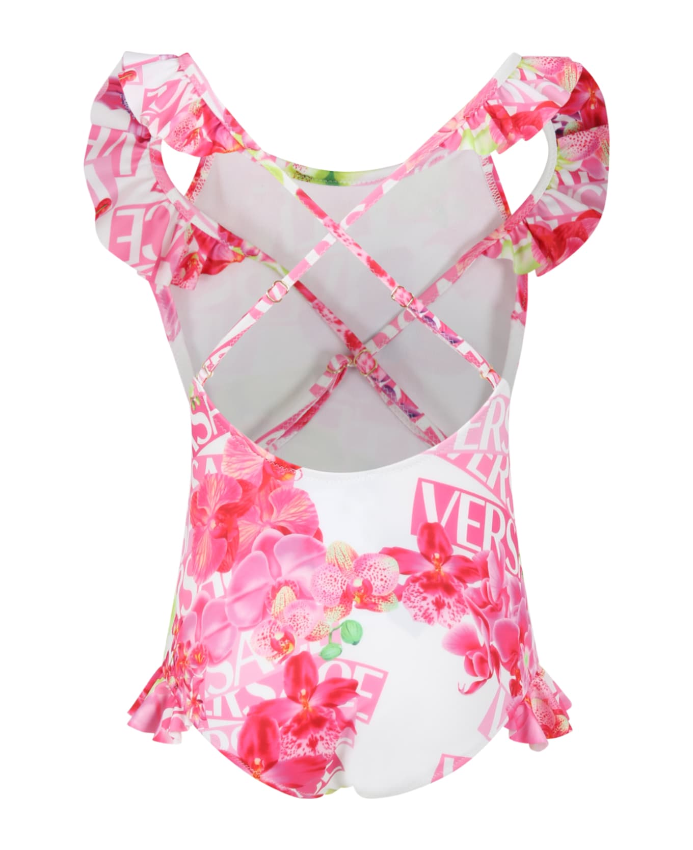 Versace White Swimsuite For Girl With Floral Print And Logo All-over - Multicolor