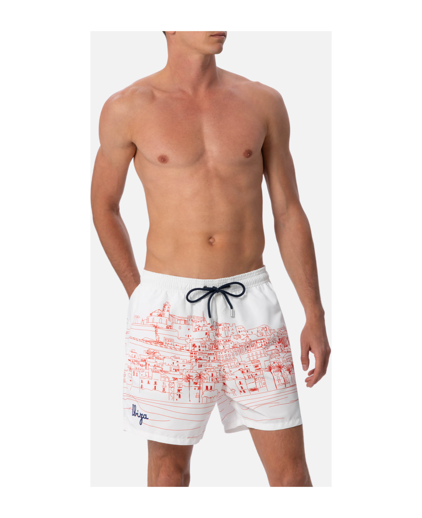 MC2 Saint Barth Man Mid-length Gustavia Swim-shorts With Ibiza Placed Print - WHITE