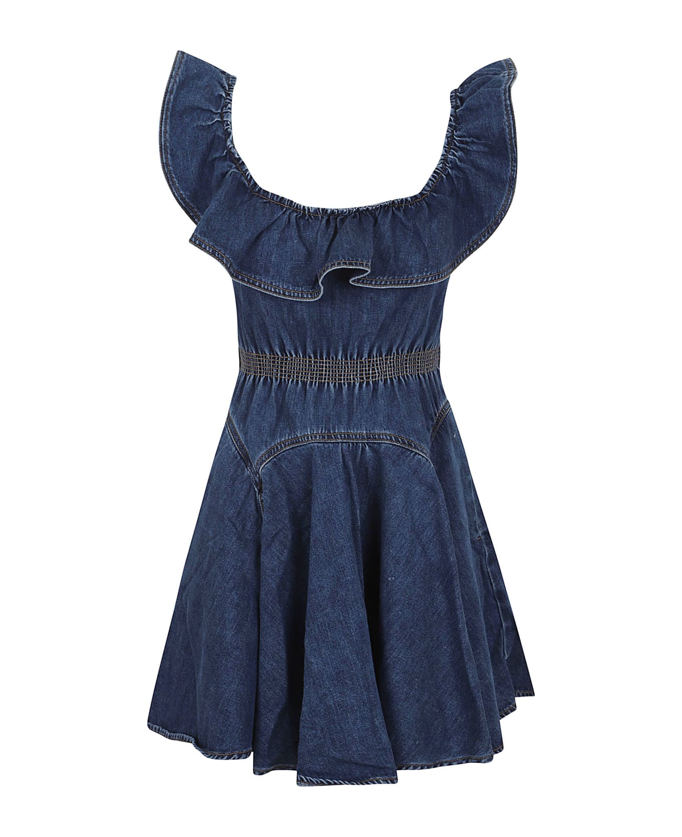 self-portrait Denim Ruffle Mini Dress - Mid Blue