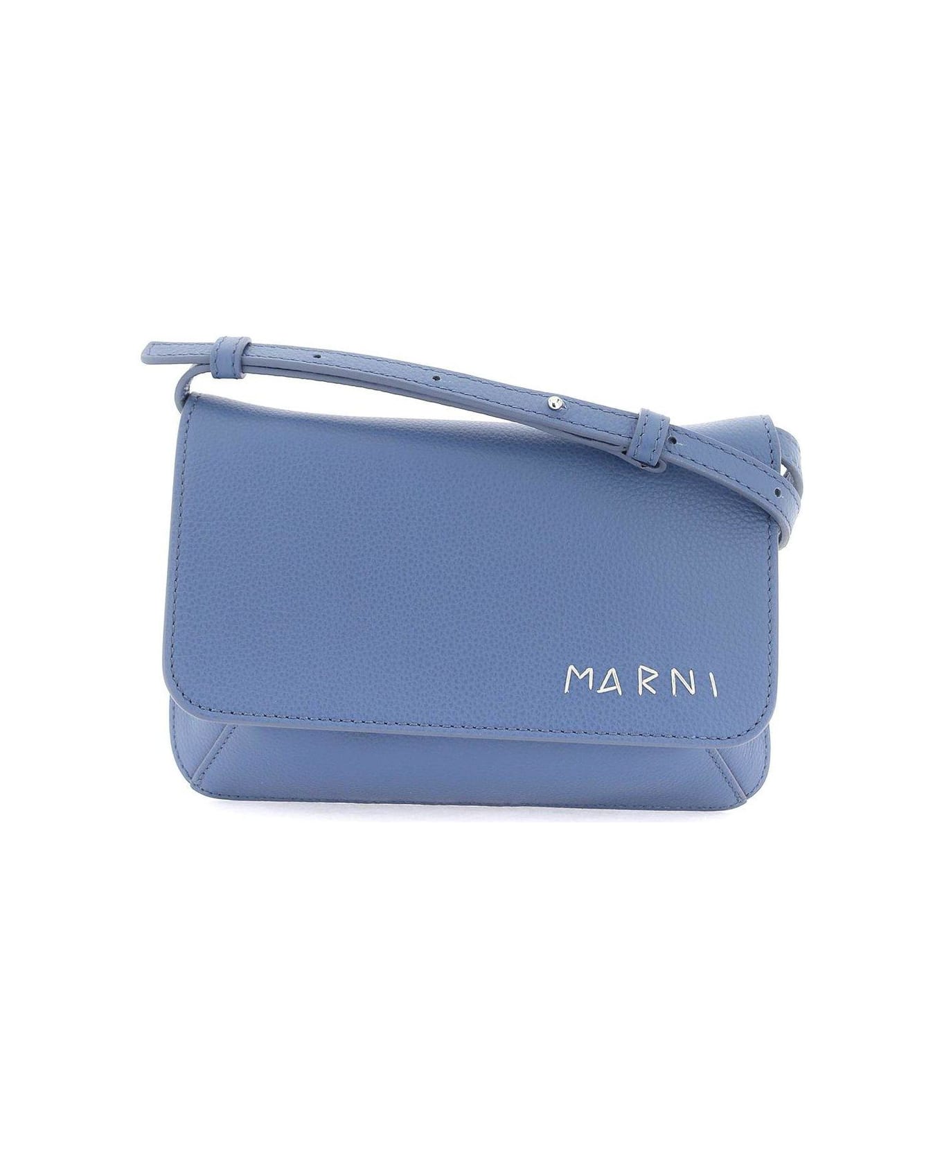 Marni Logo Embroidered Foldover Top Shoulder Bag - Gnawed Blue