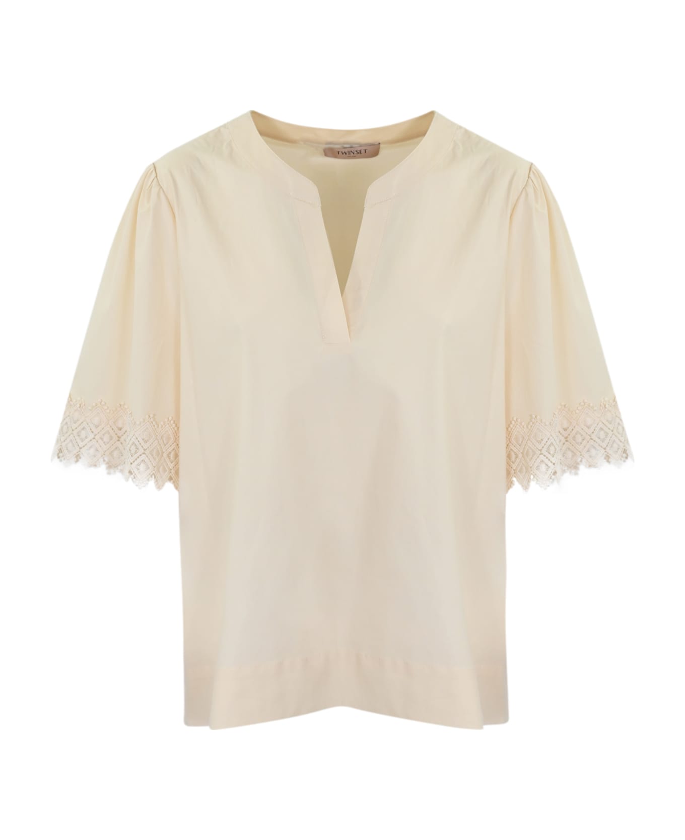 TwinSet Poplin Blouse With Embroidery - Parchment