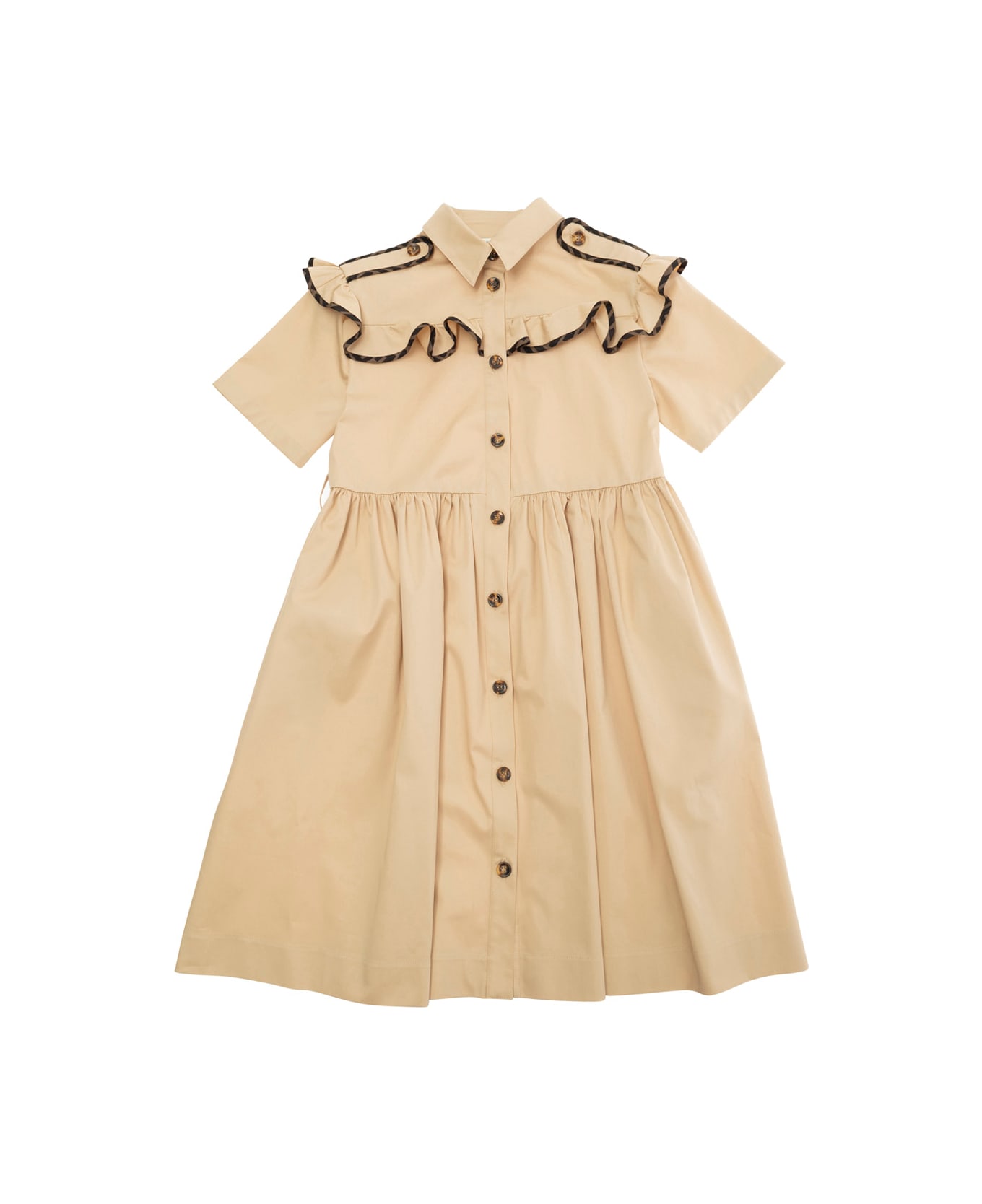 Fendi Beige Crewneck Dress With Loo Detailed Ruches On The Collar In Cotton Girl - Beige