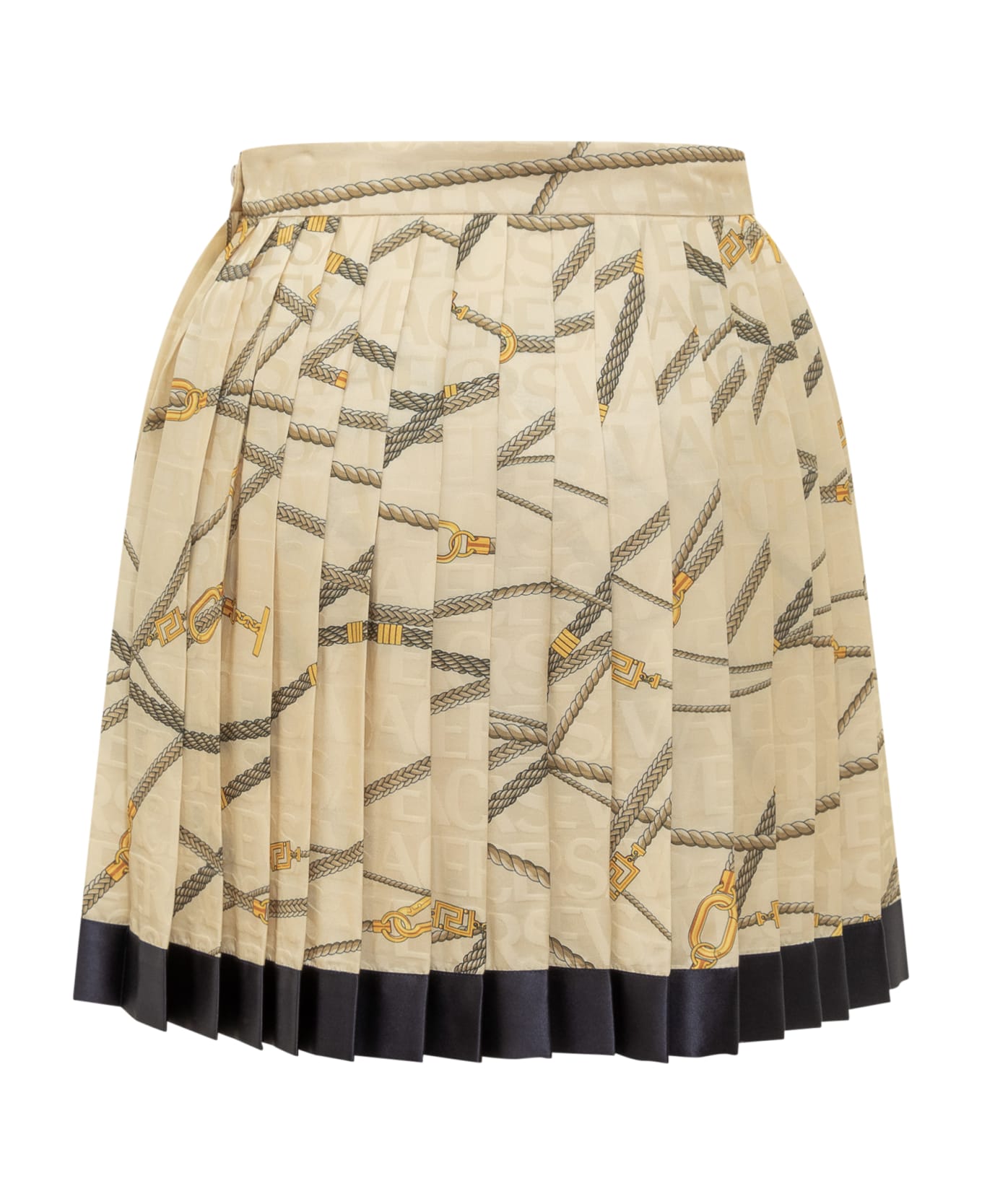 Versace Pale Yellow Pleated Mini Skirt With All-over Logo Print In Silk Blend Woman - Sand gold スカート