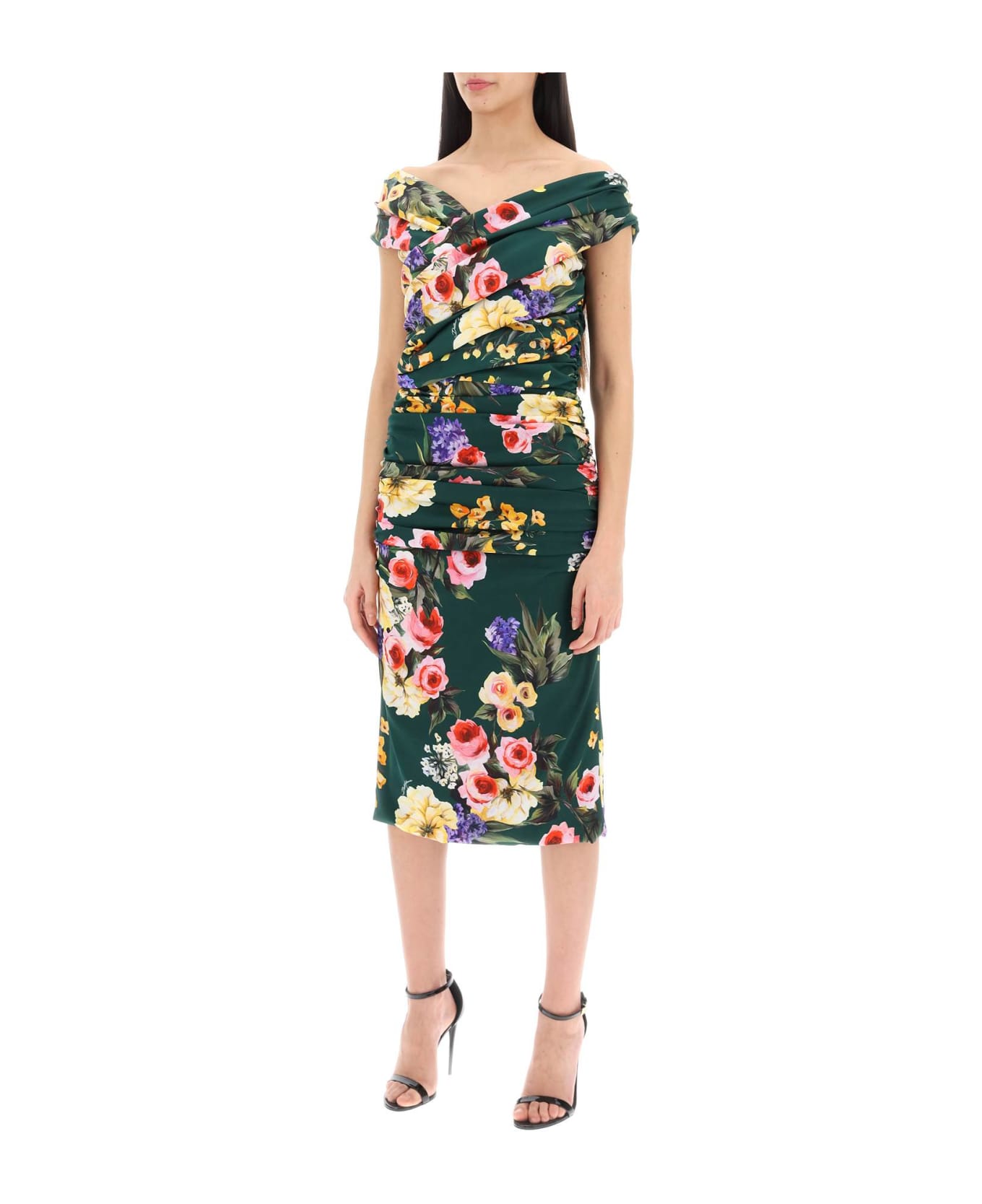 Dolce & Gabbana Rose Garden Draped Midi Dress - GIARDINO FDO VERDE (Green)