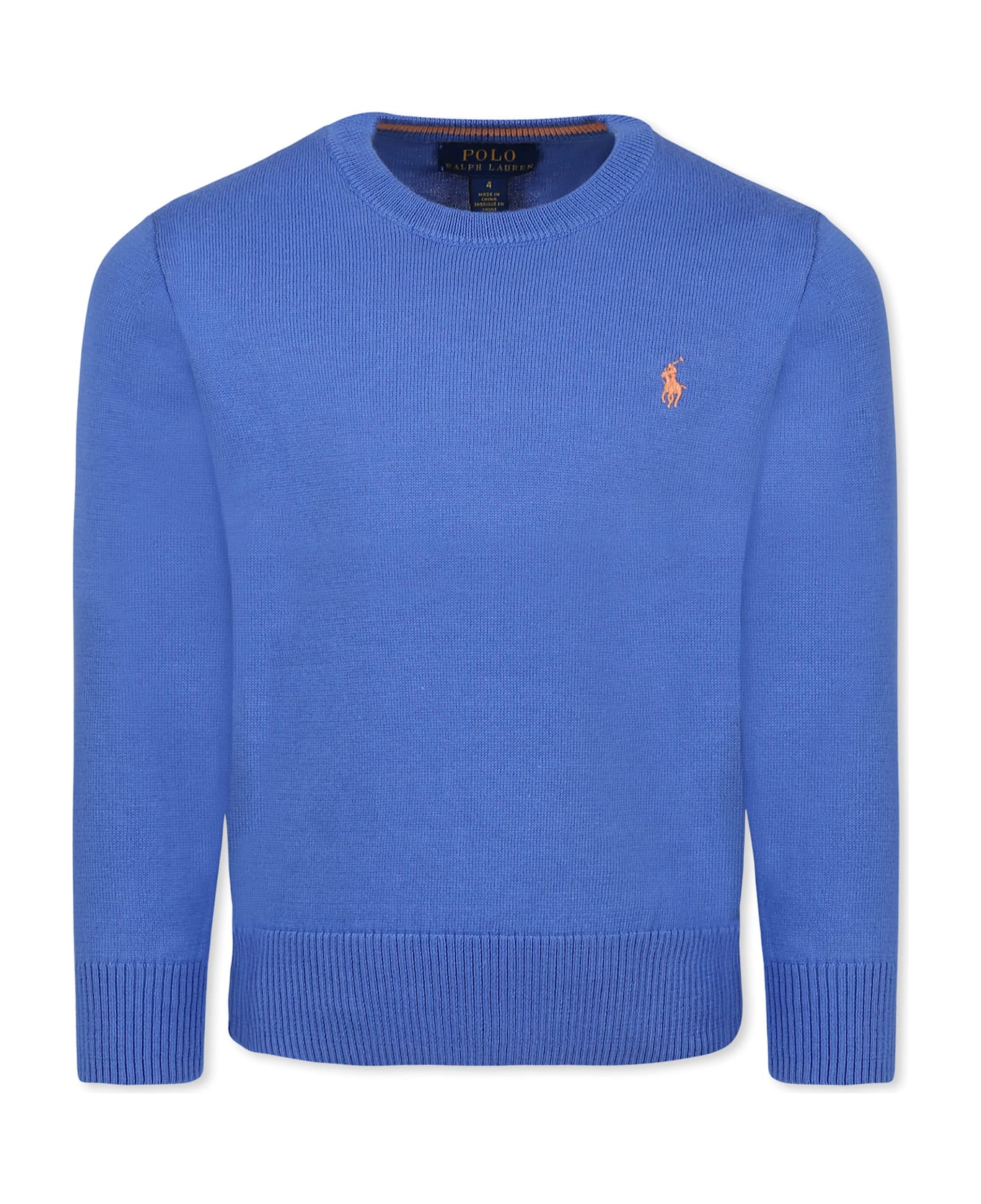 Ralph Lauren Light Blue Sweater For Boy With Iconic Orange Pony - Blue