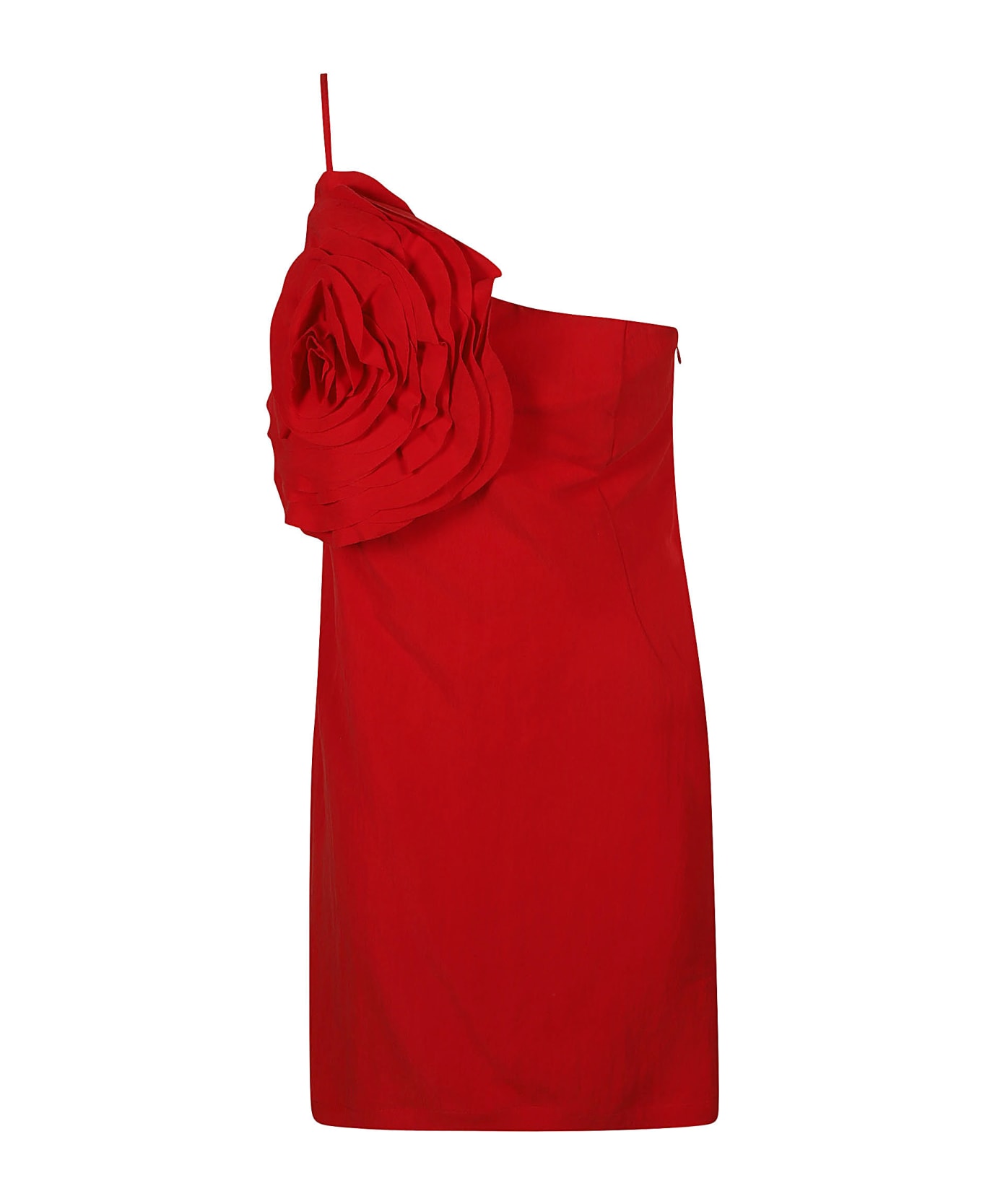 Blumarine Rose Embroidered Asymmetric Short Dress - Lipstick Red
