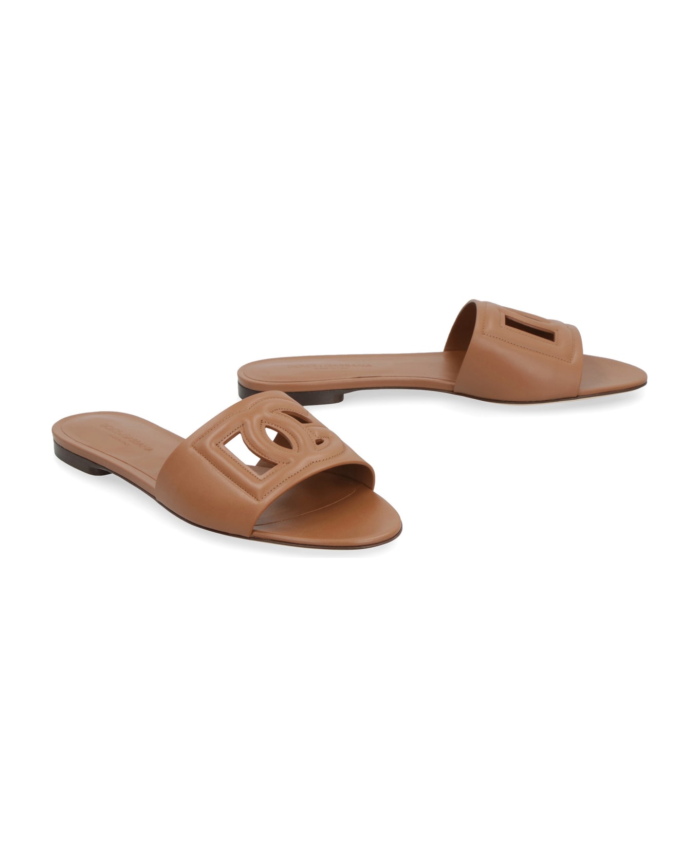 Dolce & Gabbana Leather Slides With Logo - LIGHT BROWN