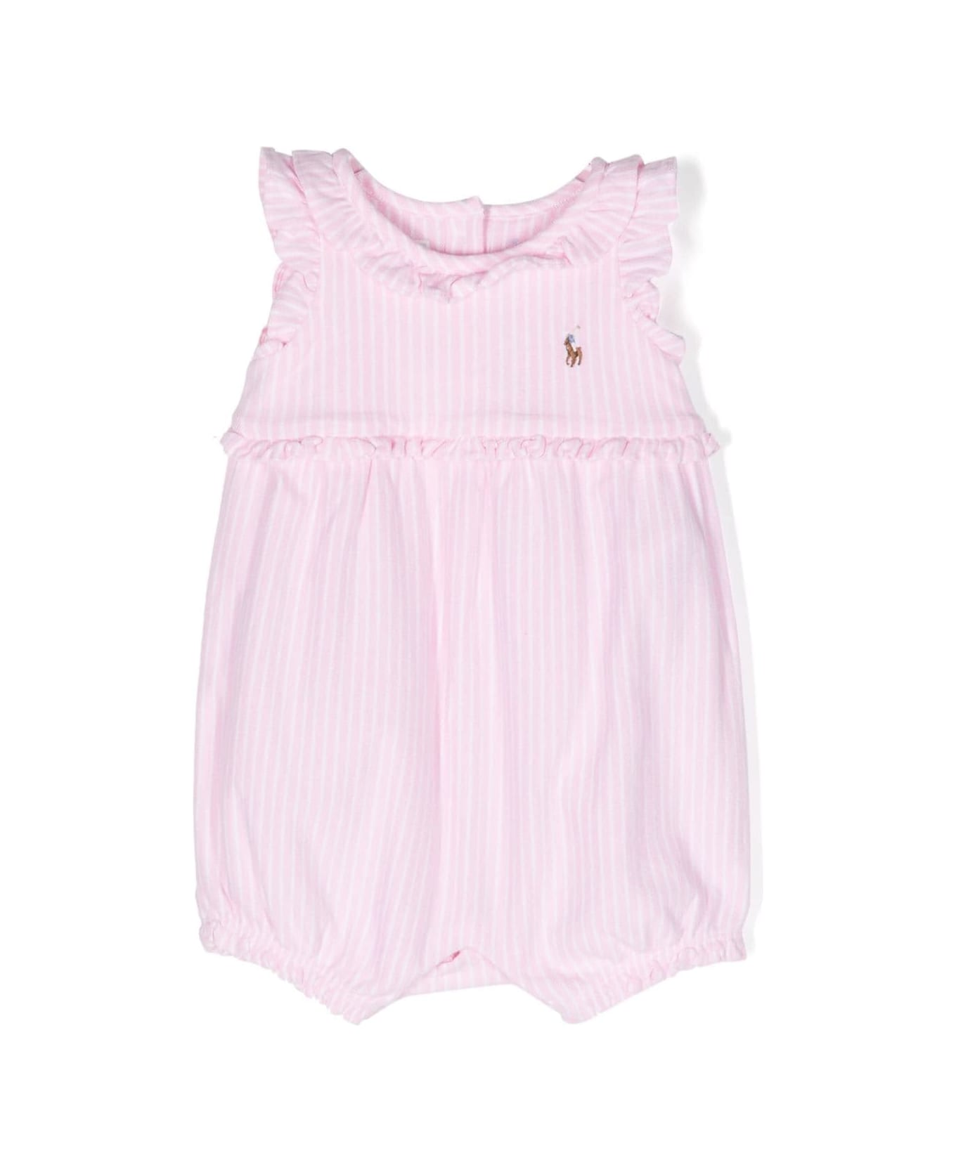 Ralph Lauren White And Pink Striped Romper With Pony - Pink