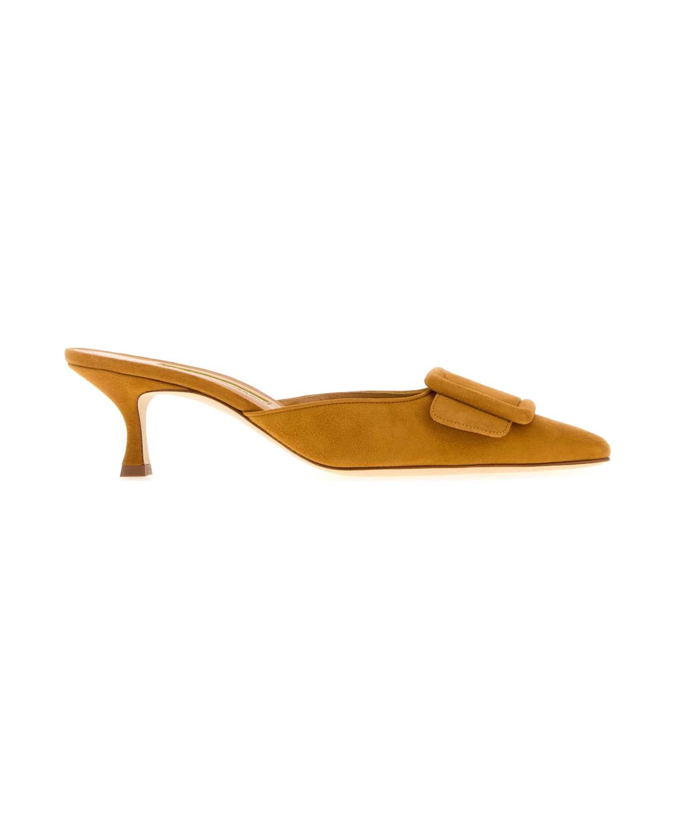 Manolo Blahnik Pastel Orange Suede Maysale Mules - MORA