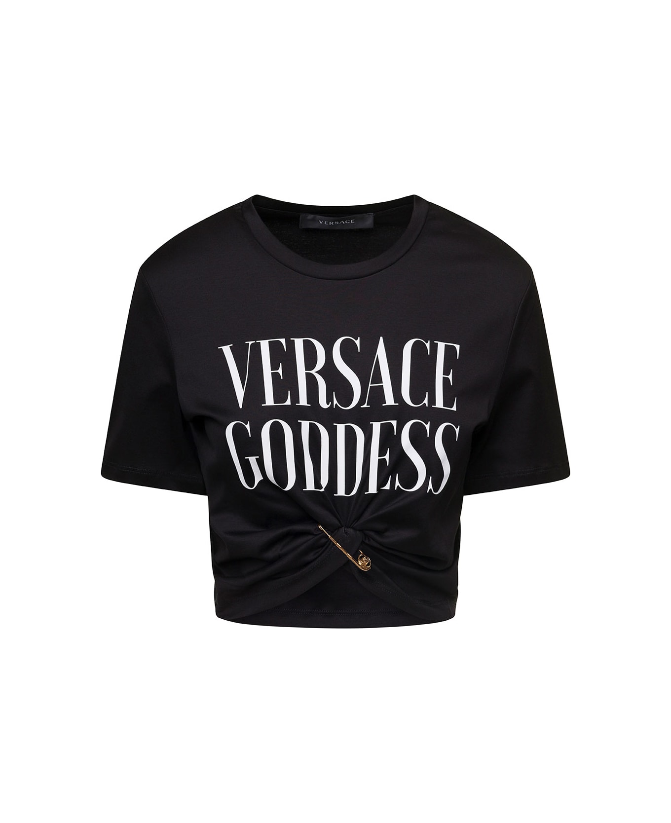 Versace Black Cropped T-shirt With Gathered Hemline And Wearty Pin In Cotton Woman - Black