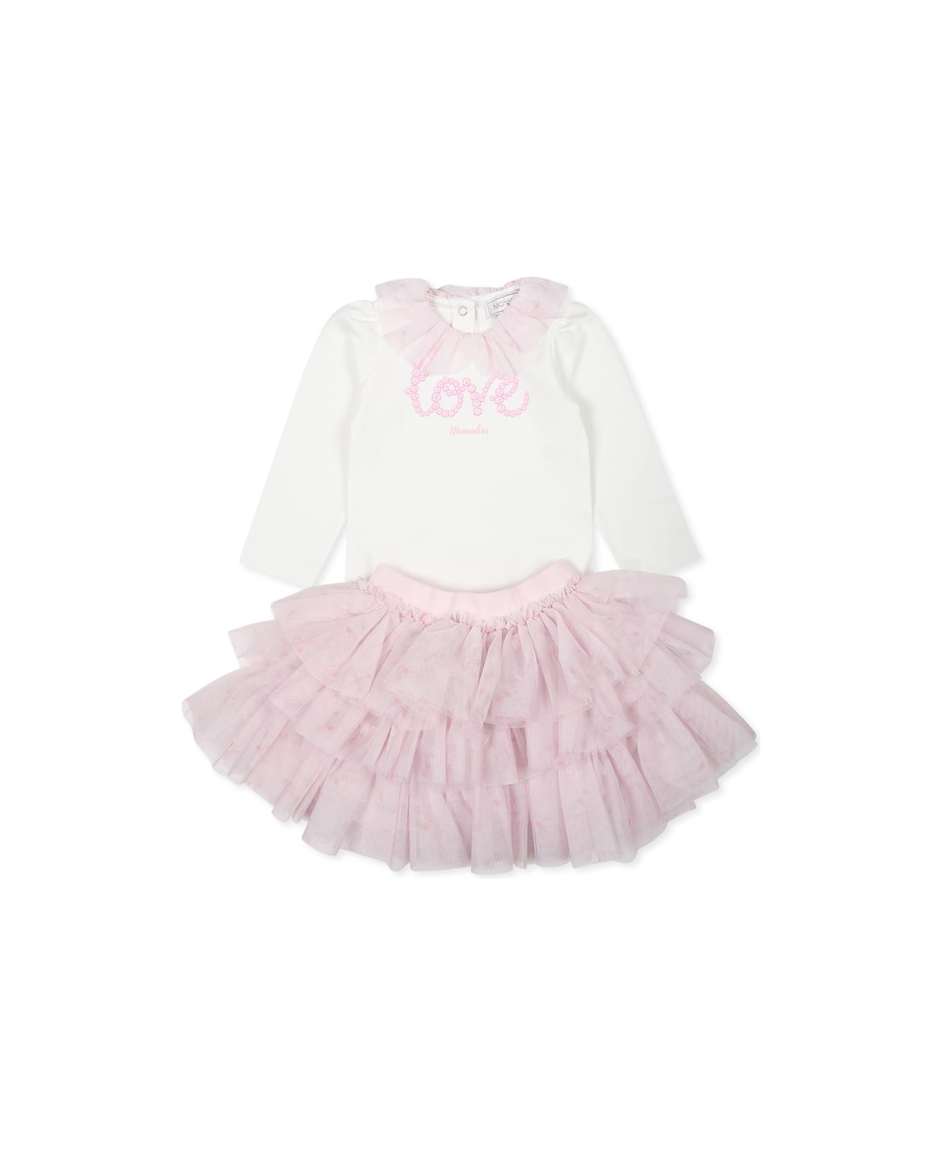 Monnalisa Pink Suit For Baby Girl With Writing - Multicolor ボディスーツ＆セットアップ