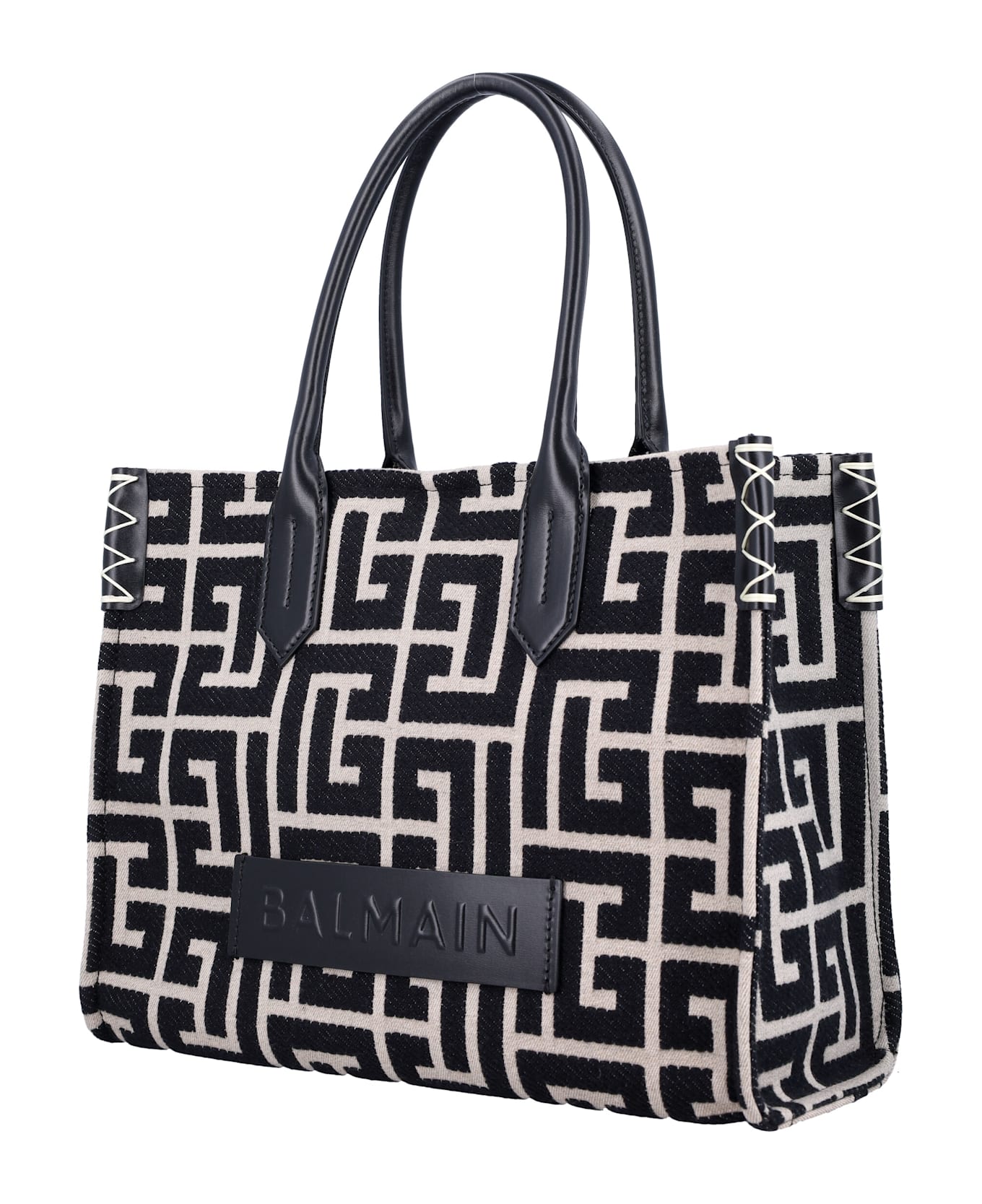 Balmain B-army Shopper 36 Bag In Pb Labyrinth Jacquard - BLACK/IVORY