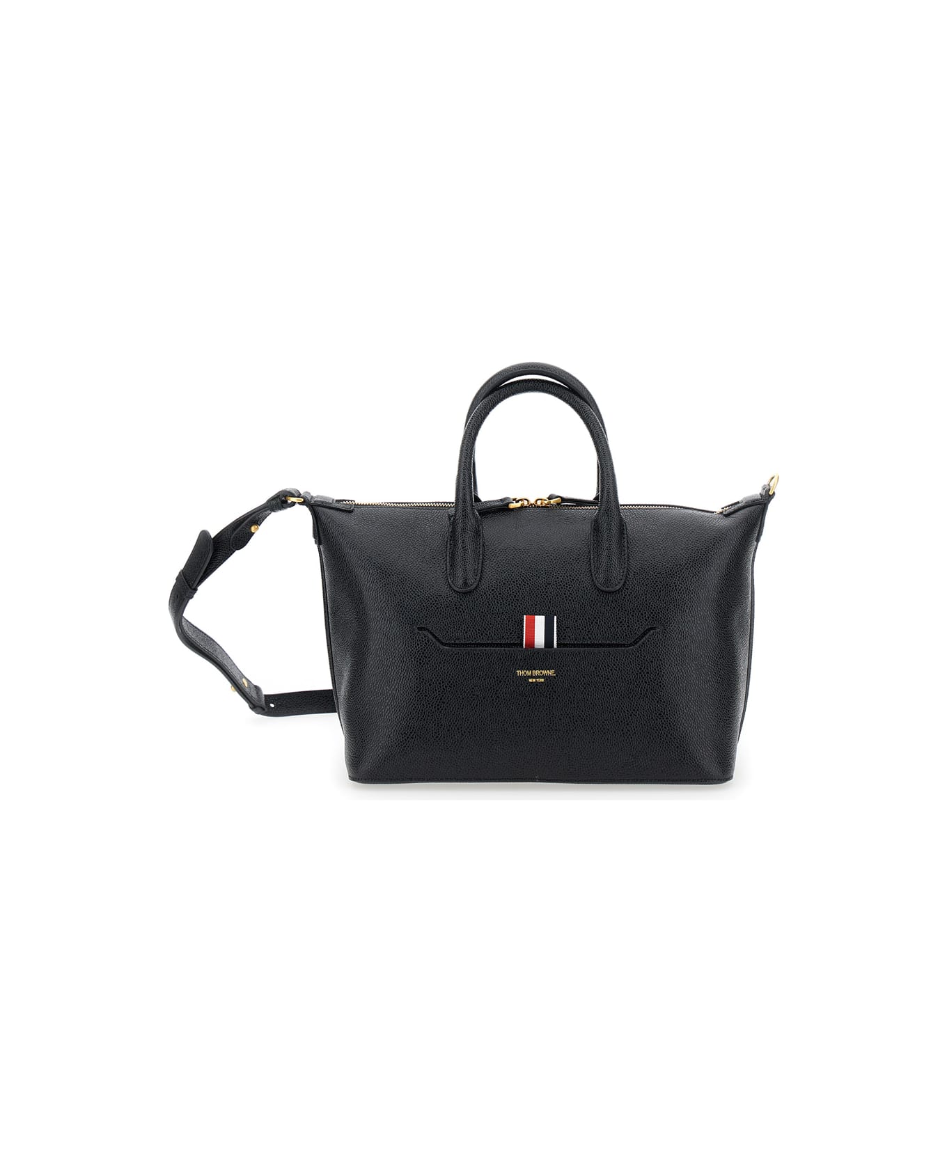Thom Browne Black Small Duffle Bag With Laminated Logo And Loop In Grain Leather Man - Black