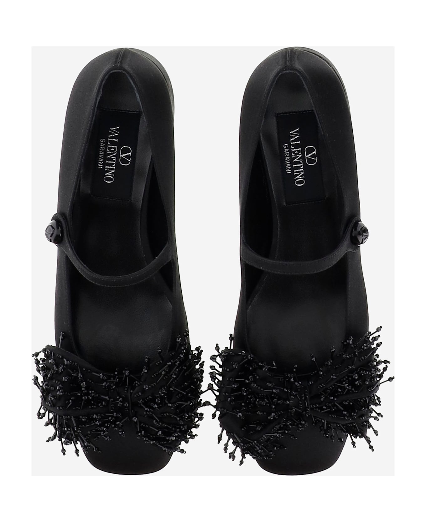 Valentino Garavani Satin Valentino Garavani Bowjane Mary-jane Ballerina With Fringed Embroidery - Black フラットシューズ