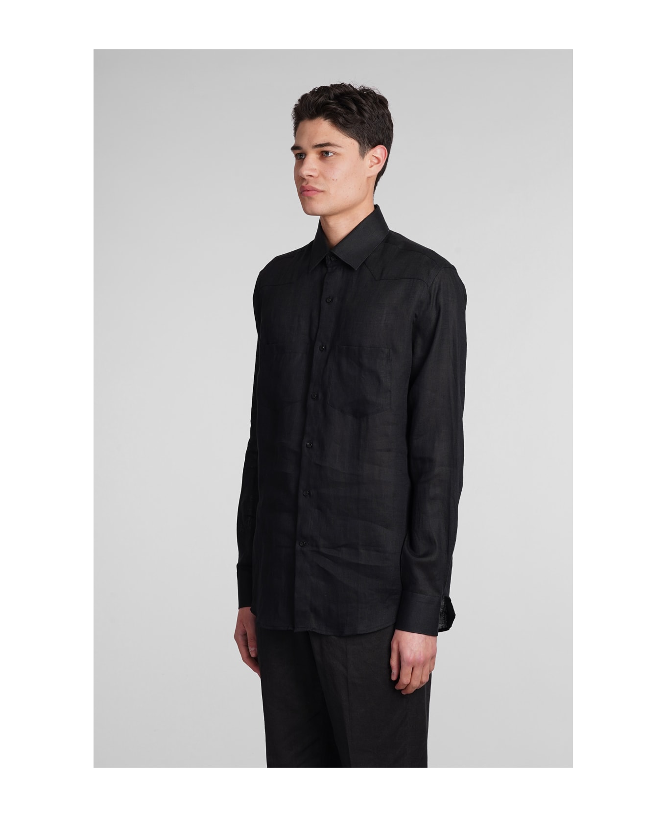 Low Brand Shirt S141 Shirt In Black Linen - black