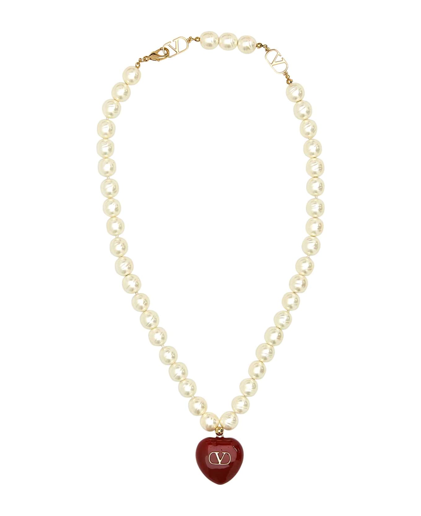 Valentino Garavani Ivory Pearls Coeur Royal Necklace - OROROSSOCREAM