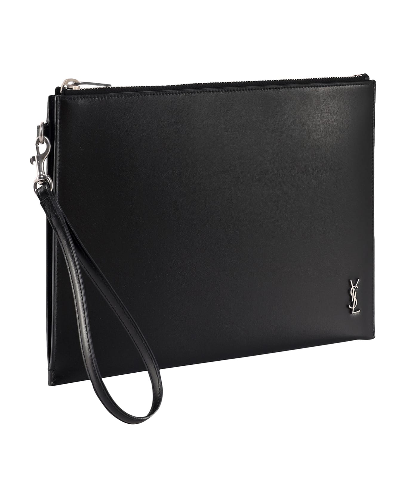 Saint Laurent Cassandre Tablet Holder In Shiny Leather With Zip - Black