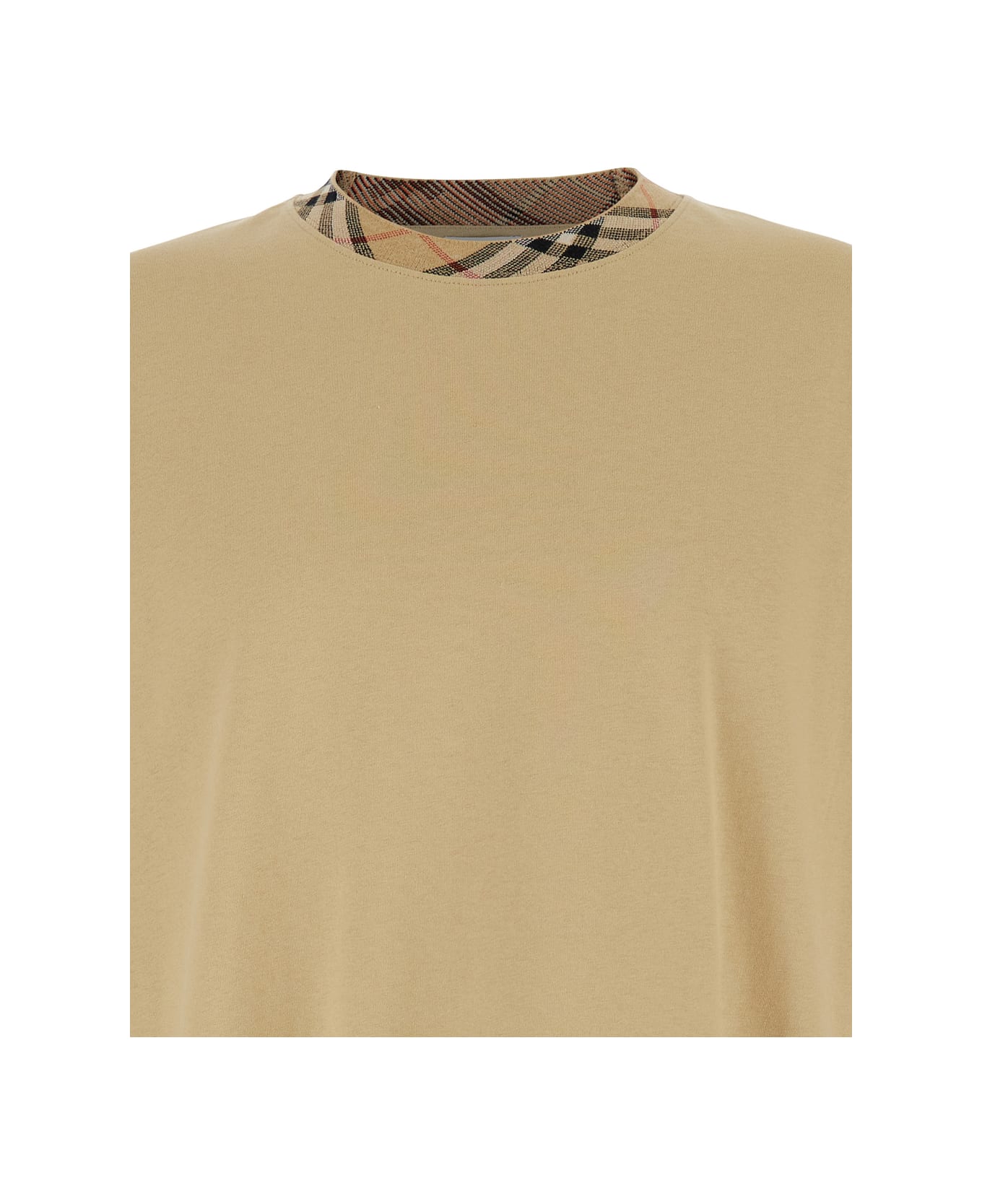 Burberry Beige Crewneck T-shirt With Check Motif On The Collar In Cotton Man - Beige