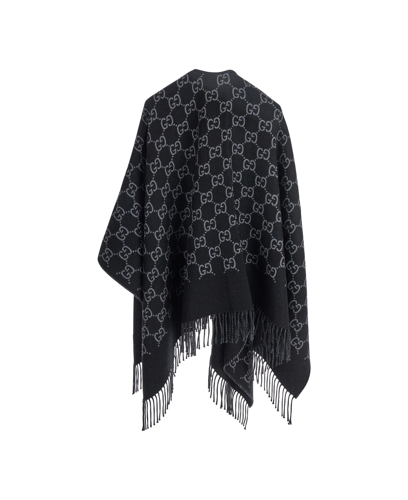 Gucci Black Cape With Fringed Hem In Gg Wool Jacquard Woman - Black