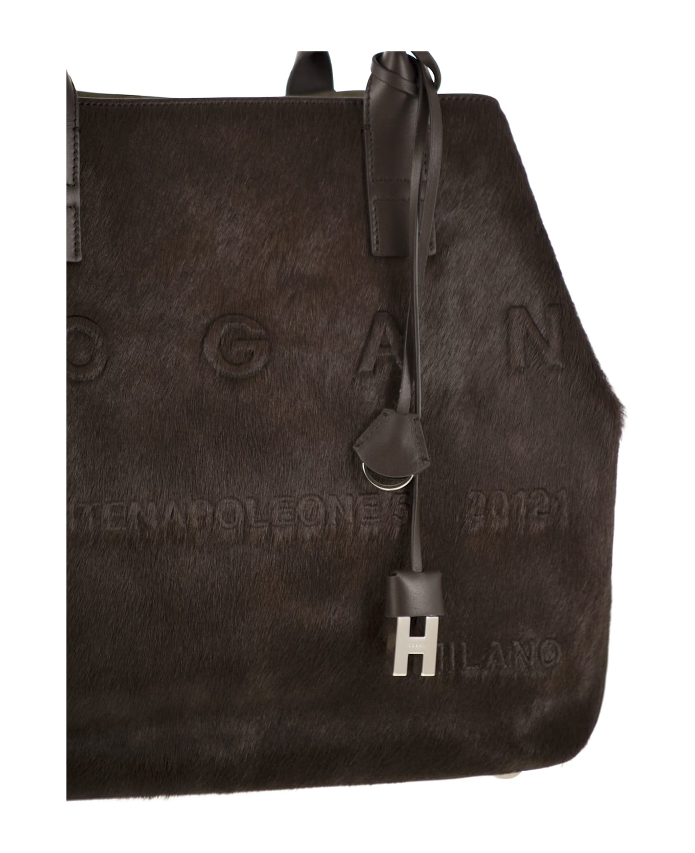 Hogan Medium Script Shopping Bag In Pony-effect Leather - Dark Brown