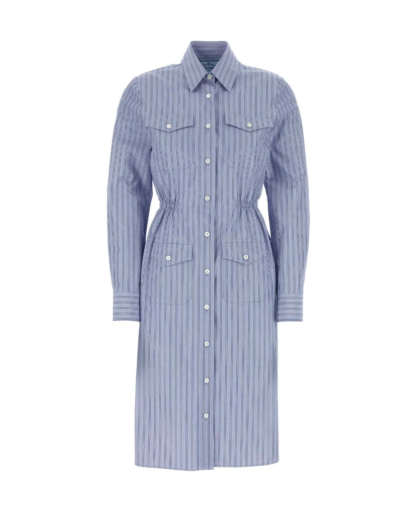 Prada Embroidered Chambray Shirt Dress - BLEU