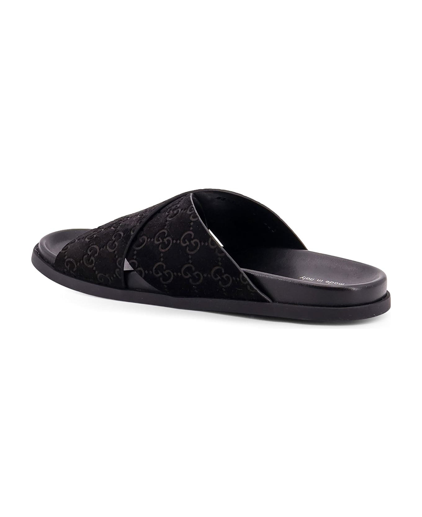 Gucci Leather Slides With All-over Gg Motif - Black