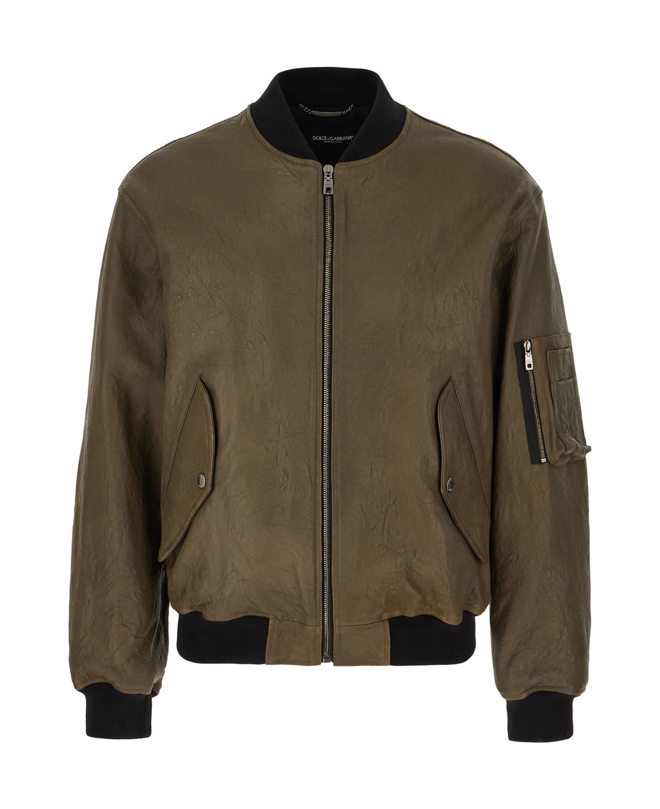 Dolce & Gabbana Military Green Leather Padded Jacket - VERDE MARE 2