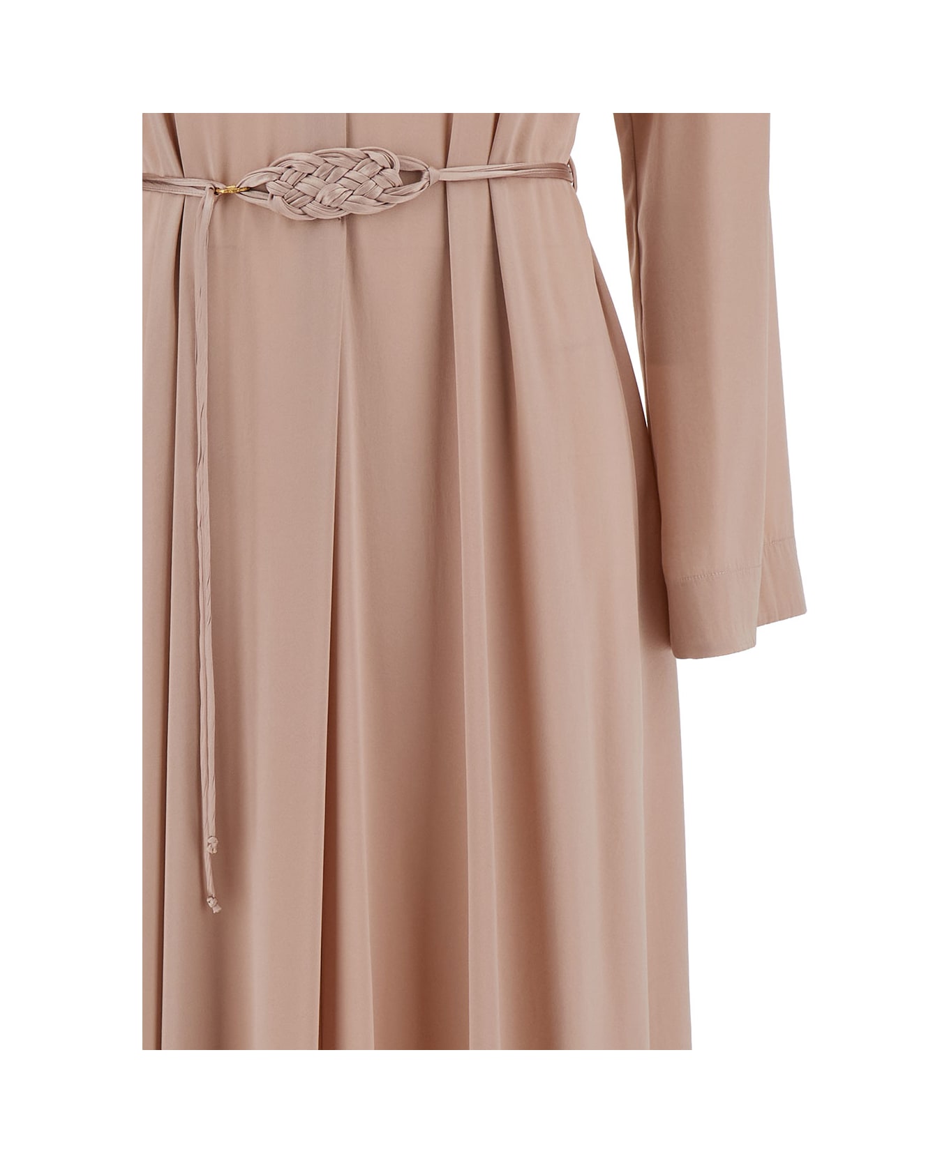 Forte_Forte Long Pale Pink Dress With Belt And Long Sleeves In Stretch Silk Woman - Pink