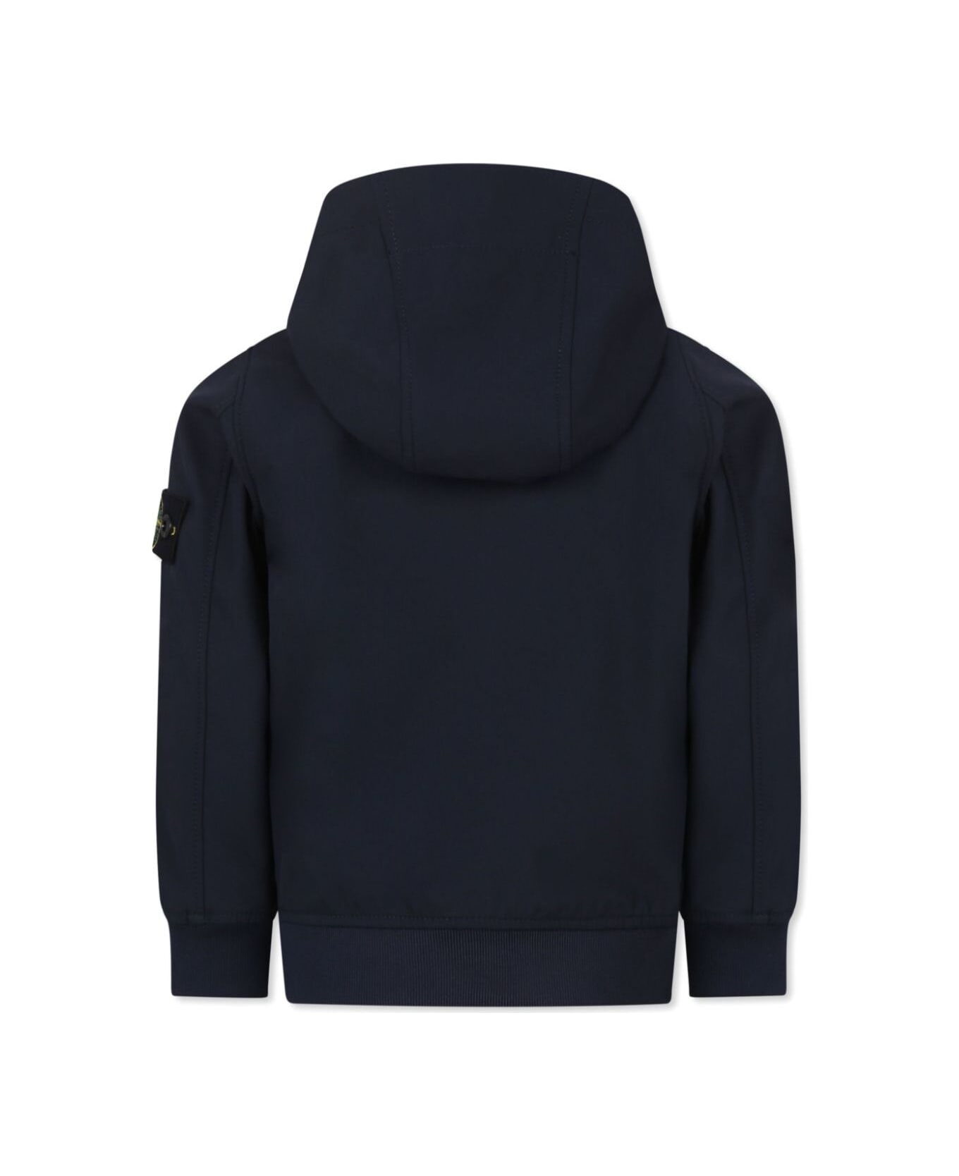 Stone Island Junior Blue Jacket With Fixed Hood And Logo Patch On The Sleeve In Tech Fabric Stretch Boy - Blu