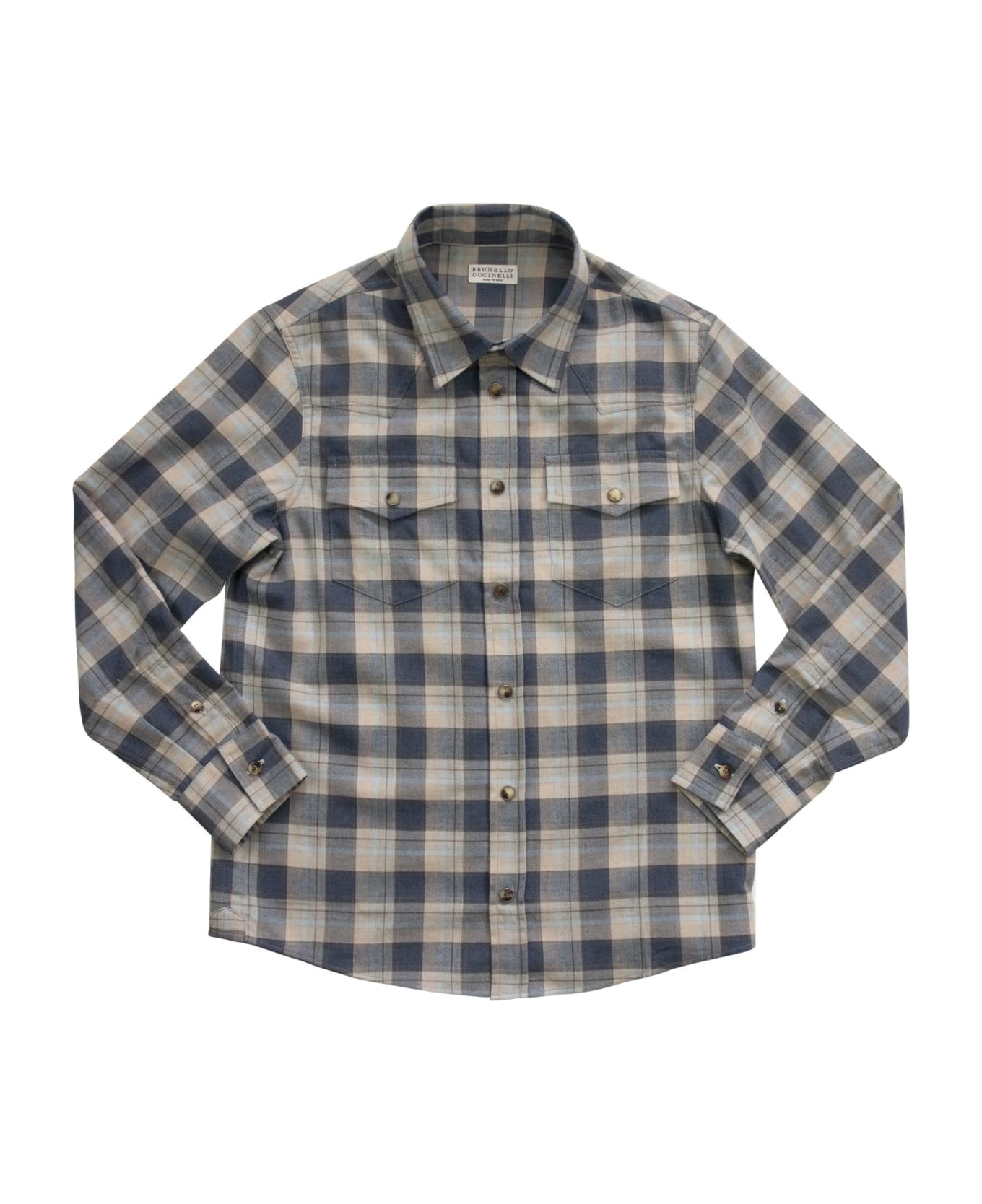 Brunello Cucinelli Madras Flannel Shirt With Snaps And Pockets - Blue