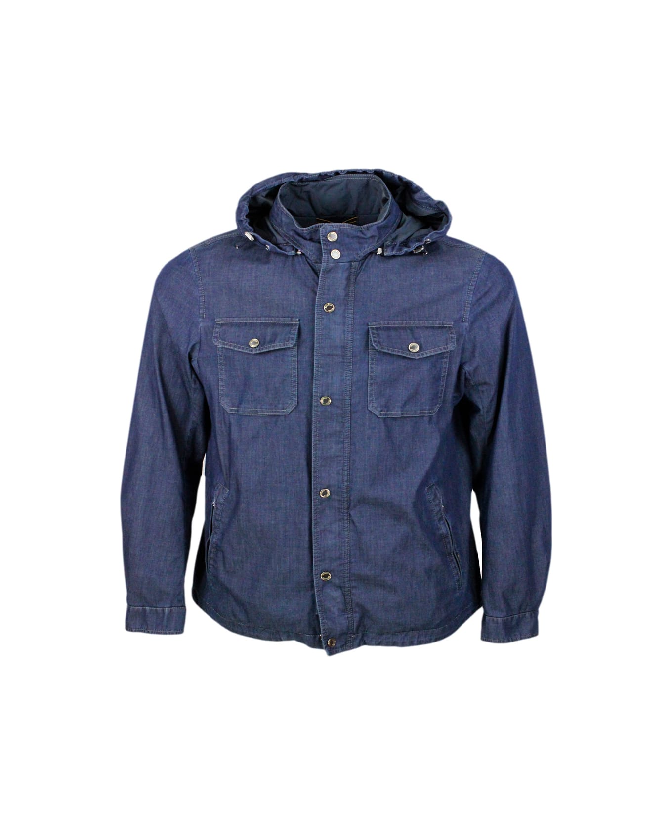 Moorer Anorak Shirt Jacket From The Water Proof Line With 2 Umbrellas With Detachable Hood In Light And Soft Denim-effect Smooth Menbrazed Fabric - Denim