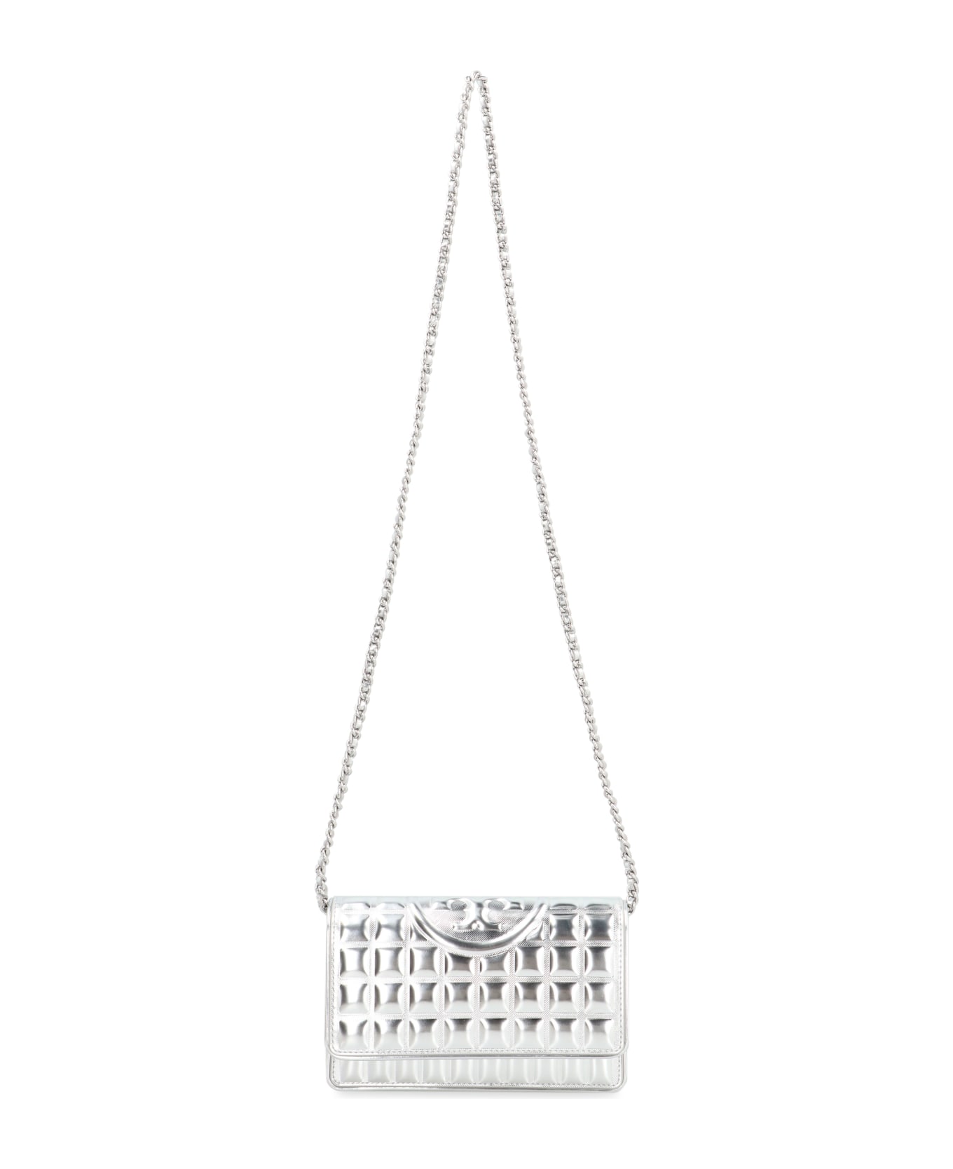 Tory Burch Fleming Leather Wallet On Chain - silver